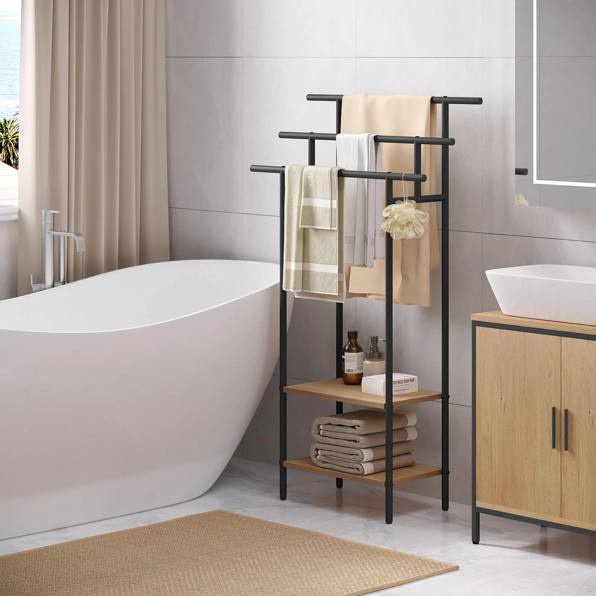 EUGAD Toallero de Baño de Pie, Soporte Toallas con 3 Barras y 2 Estantes, Gran Espacio de Almacenamiento, Toallero Escalera de Madera y Metal, Negro+Roble Claro