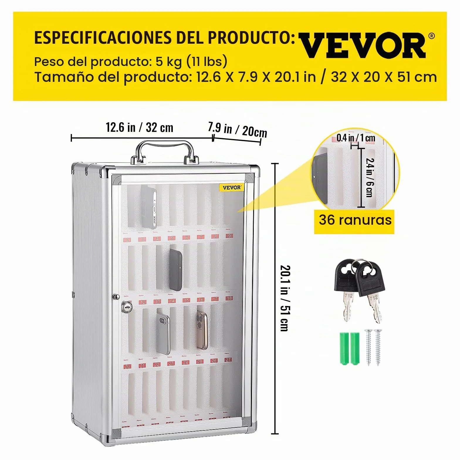 VEVOR Caja de Casillero de Almacenamiento de Teléfonos 32x20x51 cm Caja de Administración de Celular Cojinete de Carga 20 kg Caja de Almacenamiento de Teléfonos con 36 Ranuras y 2 Llaves para Clases