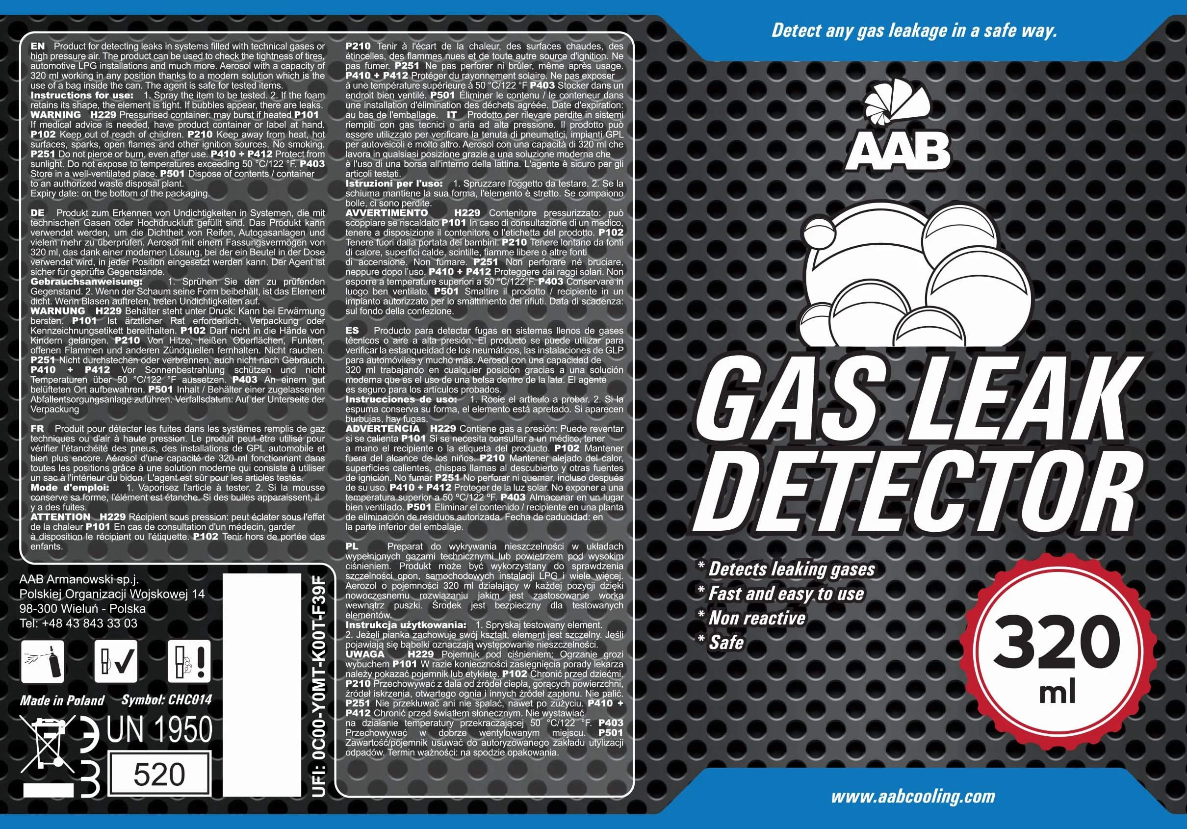 AABCOOLING Gas Leak Detector 320ml - Trabaja en Cualquier Posición, Detectores de Gas, Detector Fugas Gas Butano, Busca Fugas Gas, Detector Fugas Aire Acondicionado, Detector Gas