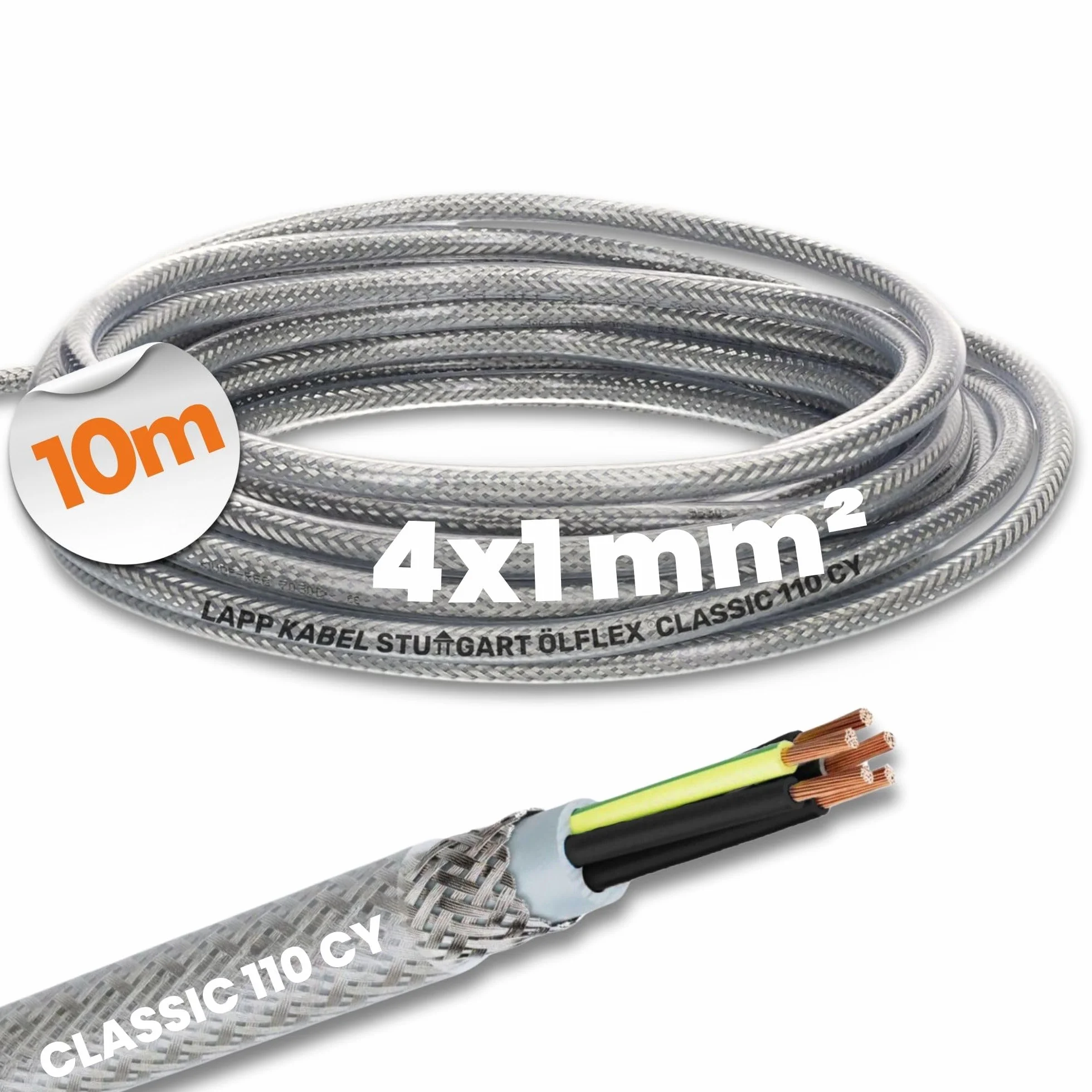 Lapp 10m Ölflex Classic 110 CY - Cable de Control Apantallado 4 x 1 mm² | Cable blindado de 4 núcleos con pantalla, cubierta de PVC transparente, ideal para ingeniería, climatización y ambientes EMC.