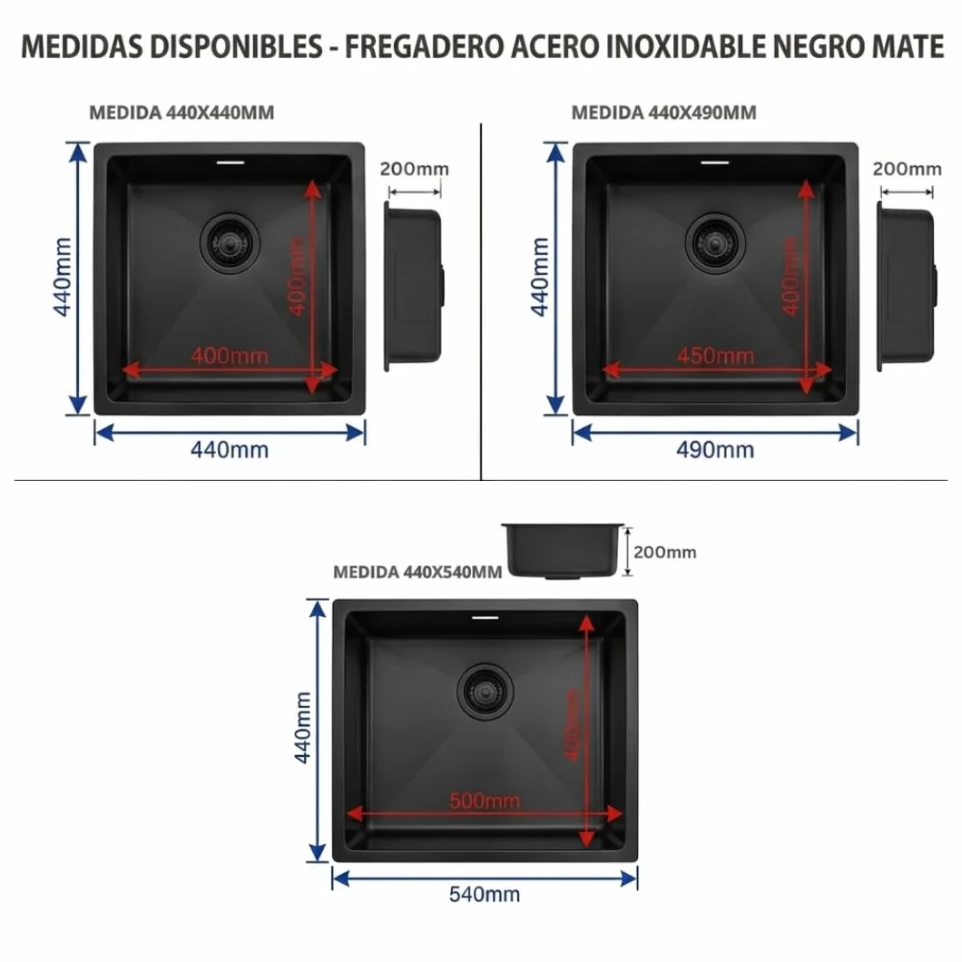 AZERODESIGN-Fregadero-Fregadero cocina-Fregadero cocina 1 seno-Fregaderos modernos para cocina-Fregadero sobre encimera-Fregadero bajo encimera-Fregaderos modernos (NEGRO MATE, 440 X 440 MM)