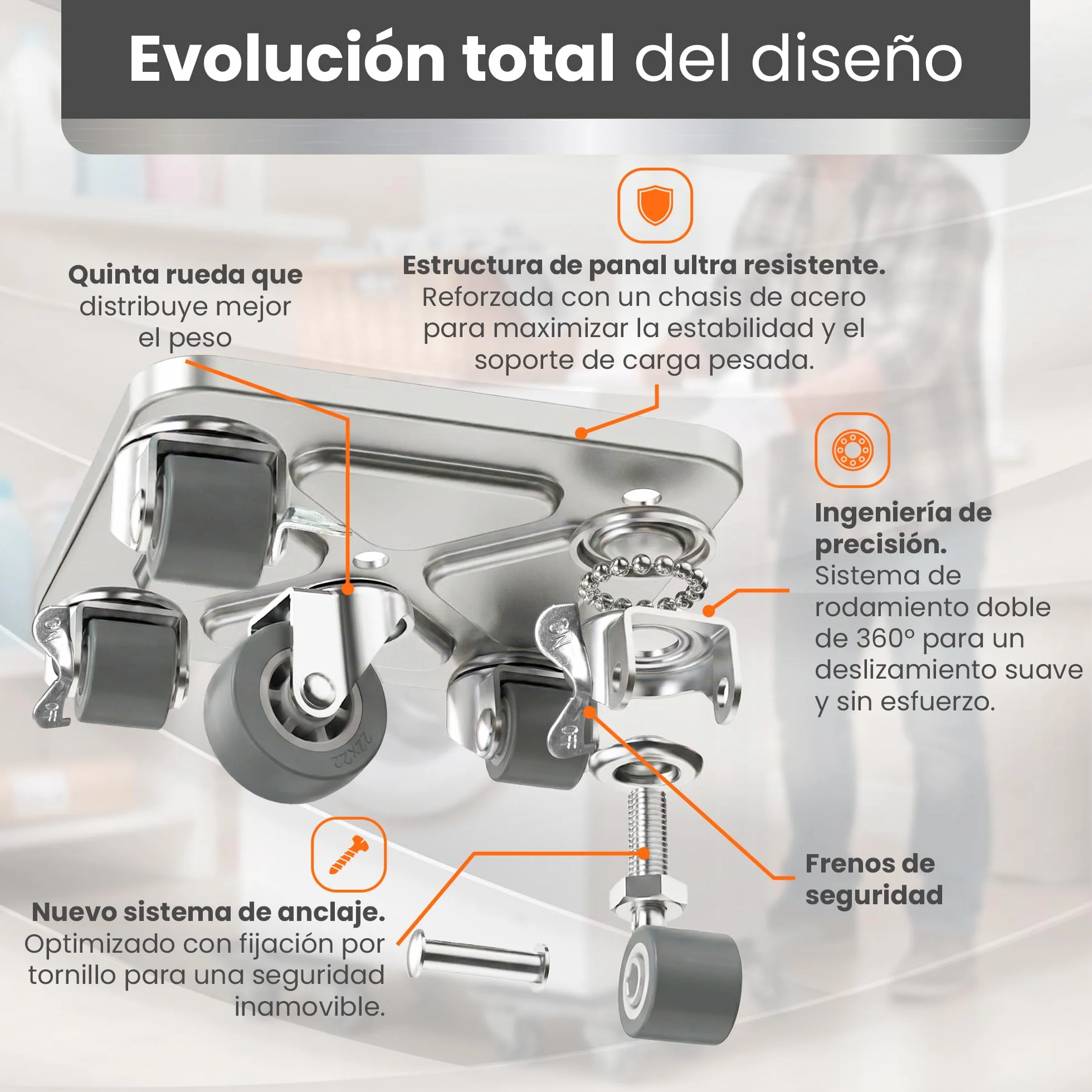 Ruedas para Mover Muebles Pesados 600kg - Elevador Muebles con 5 Ruedas 360°, Acero Reforzado, Correas de Amarre, Palanca Extensible, Kit Profesional 22 Piezas