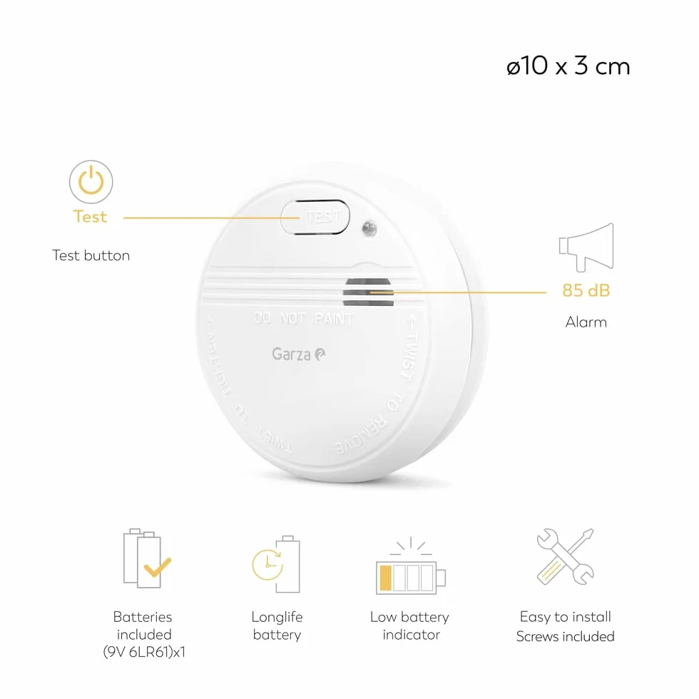 Garza - Pack de 3 Detectores de Humo Mini, Diseño Ultracompacto, Sensor Fotoeléctrico, Alarma 85dB, Batería 9V Incluida, Instalación sin Cables, Indicador LED y Botón Test