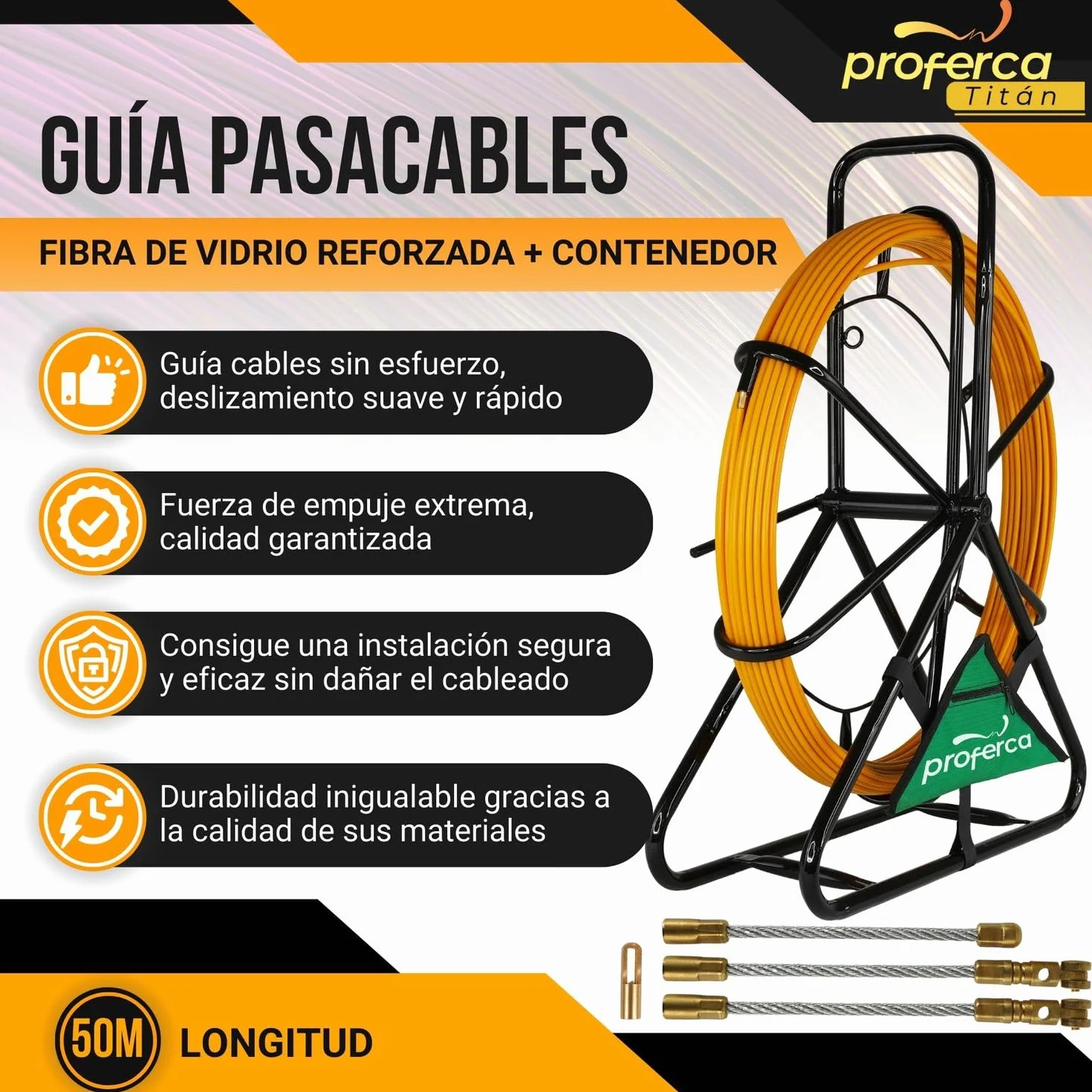 Guia Pasacables Profesional 6mm y 50 metros de Fibra de Vidrio Reforzada | Guia con Contenedor y Accesorios intercambiables| Especial Jardines | Malla Tiracables