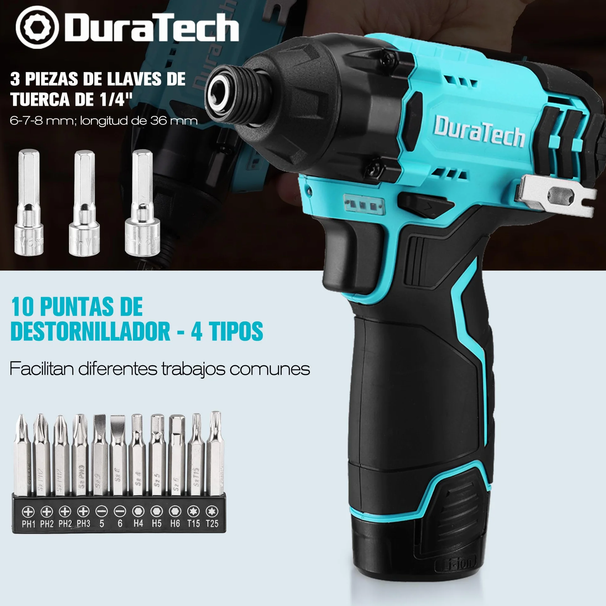DURATECH Atornillador Impacto Inalámbrico 12V, 100Nm con Accesorios | Velocidad de 2400RPM con LED, Batería 2,0Ah, 11 Puntas y 3 Vasos para Bricolaje y Reparaciones