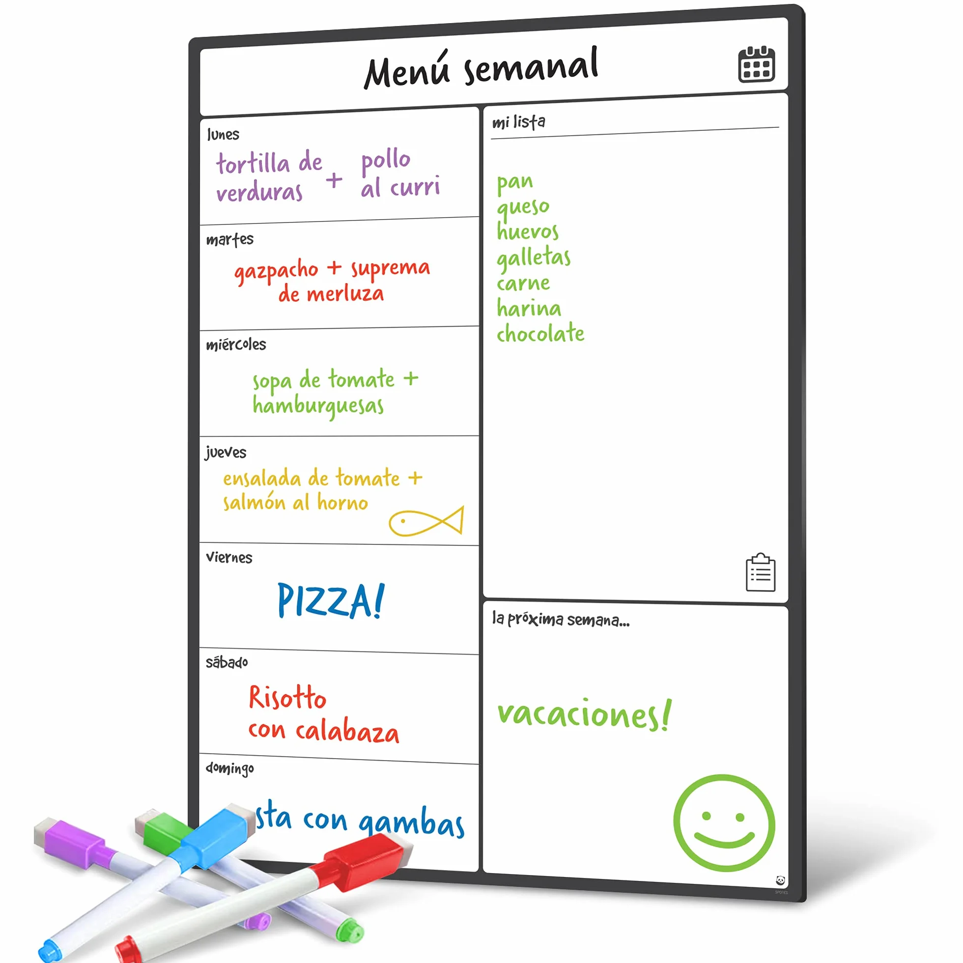 Smart Panda Pizarra Magnética Nevera A3 Planificador Menú Semanal Lista Compra Recordatorios Calendario Blanco 4 Rotuladores