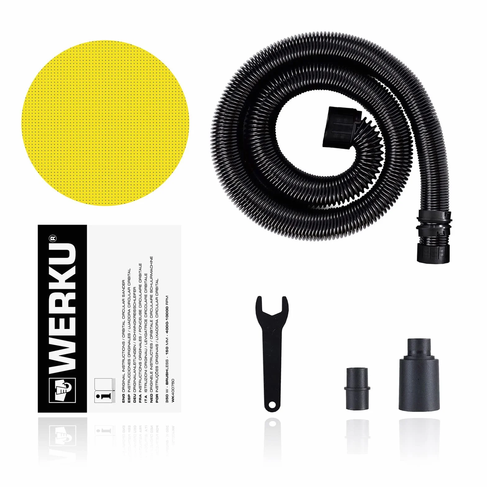 Werku WK400750, Lijadora Circular Rotorbital, Calidad Profesional, Motor Brushless, Potencia 350 W, Disco 150 mm, Órbita 5 mm, Incluye Disco Lijado y Manguera Aspiración