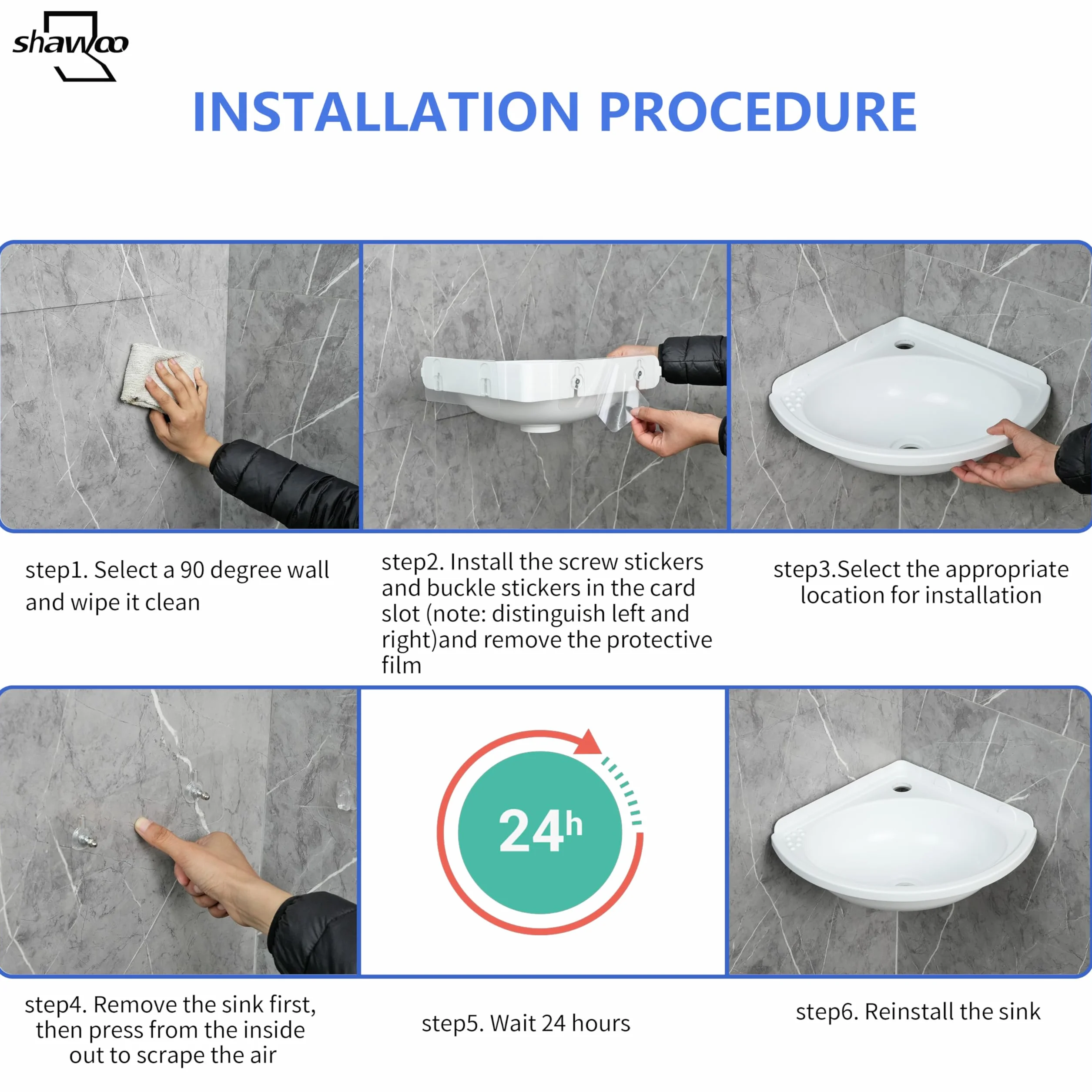 Fregadero de baño pequeño para montaje en pared, lavabo triangular sin taladro, autoadhesivo, 12 x 12 pulgadas con agujero para grifo de 1.26 pulgadas, mini fregadero de plástico para el hogar