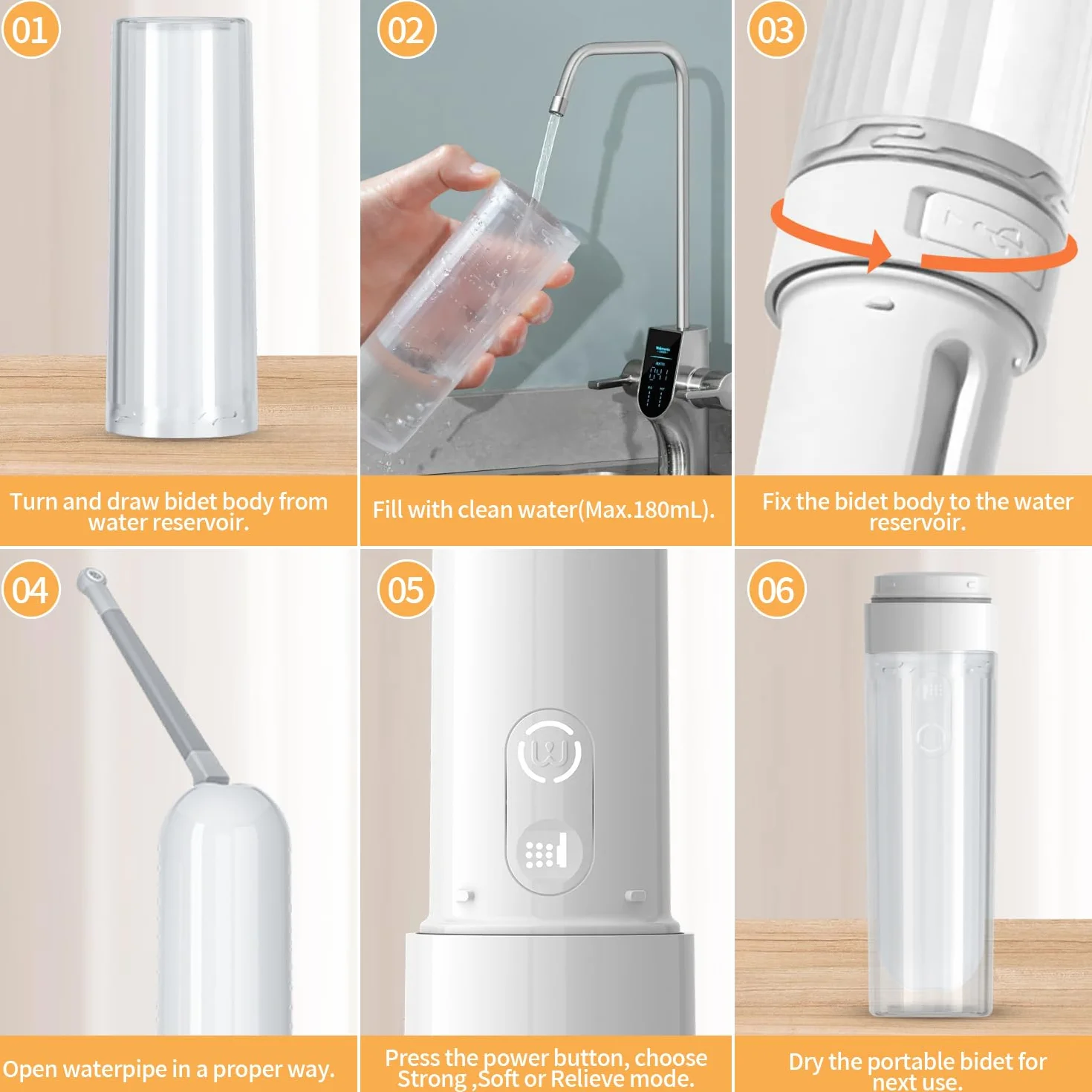 Bidé de viaje portátil recargable 180ML, IPX7 impermeable Bidé eléctrico pulverizador con 3 modos de pulverización para la higiene personal de limpieza, calmante cuidado postnatal
