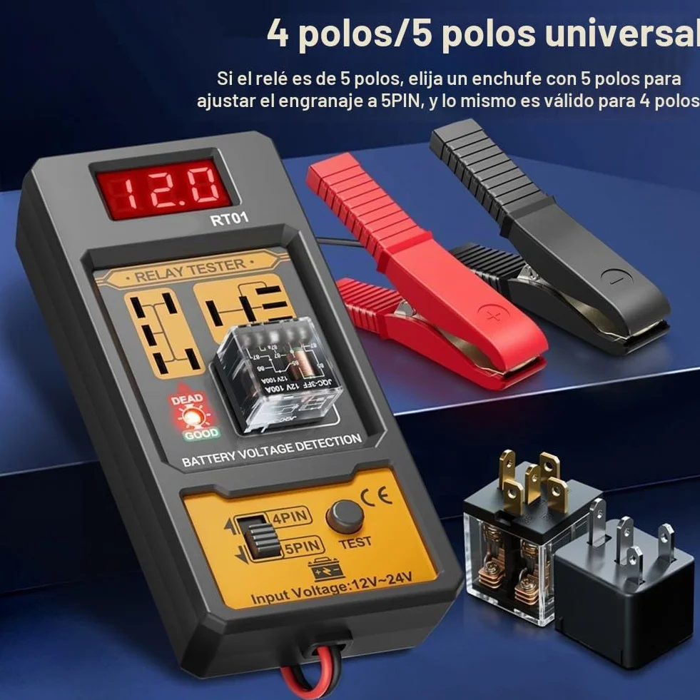Comprobador de relé de coche de 12 V/24 V. Pantalla LCD con retroiluminación digital, prueba relés de 4/5 pines, compatible con baterías de plomo-ácido/AGM/litio adecuadas para coches, camiones