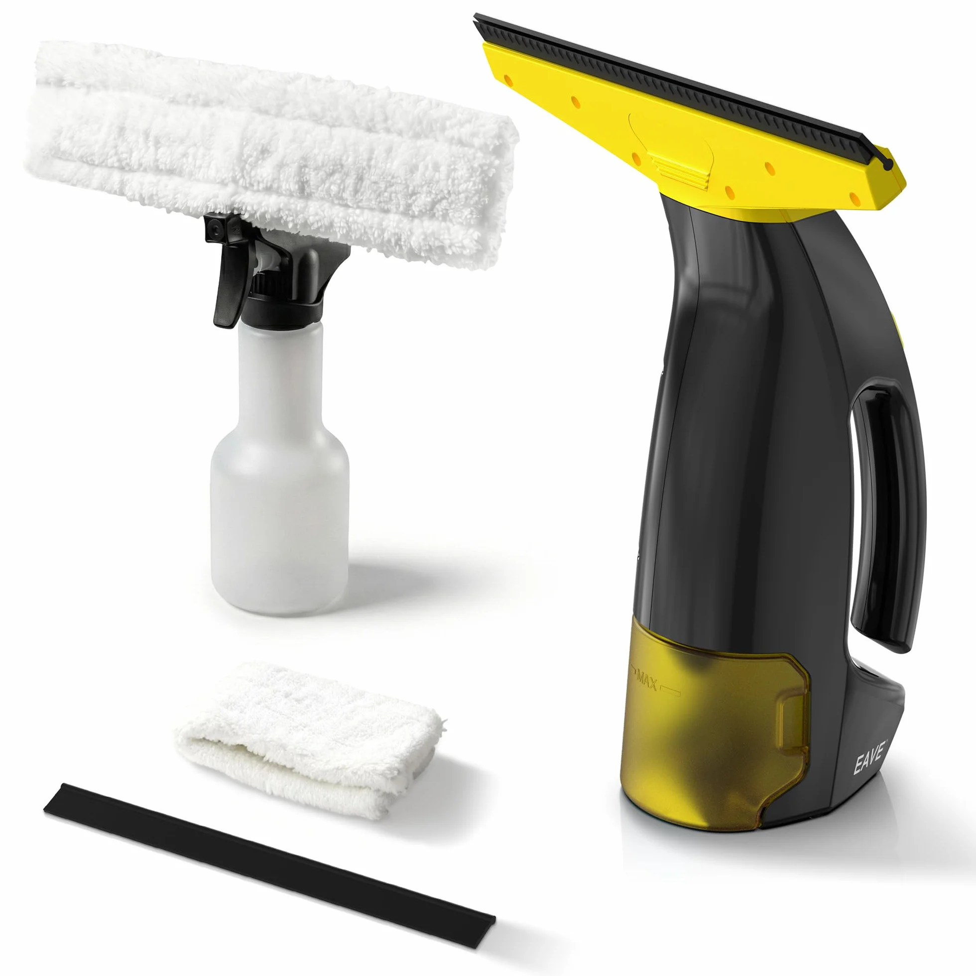 EAVE Limpiacristales Electrico, Set Limpiacristales con 45min de Autonomía, Limpia Cristales Electrico Ventanas con Boquilla de 28cm y Depósito de 200ml, Apto para Ventanas y Espejos (amarillo)