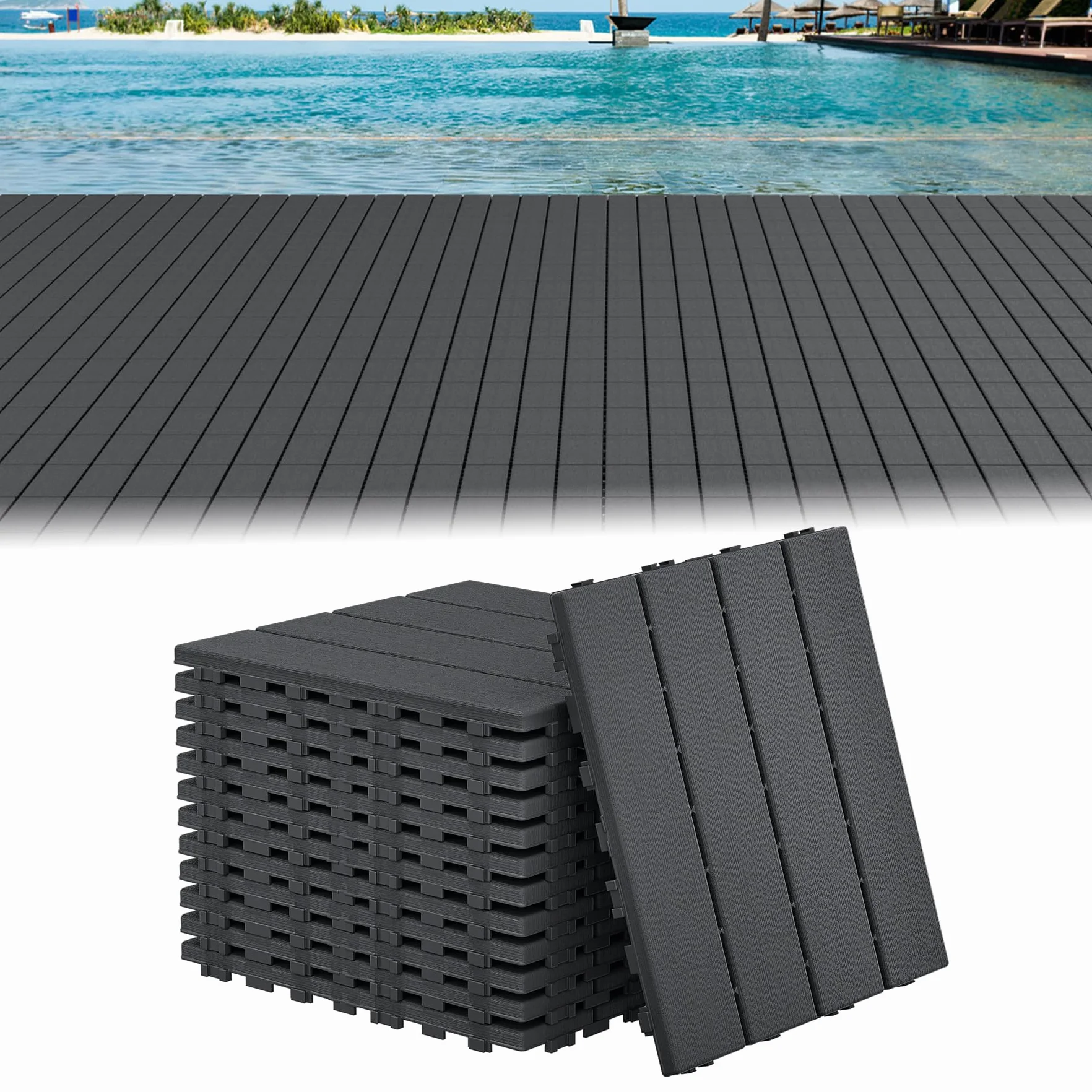 UISEBRT Baldosas de balcón con aspecto de vetas de madera, azulejos de clic para terraza para balcón, jardín, placas resistentes a la intemperie con función de drenaje, 30 x 30 cm, antracita (11
