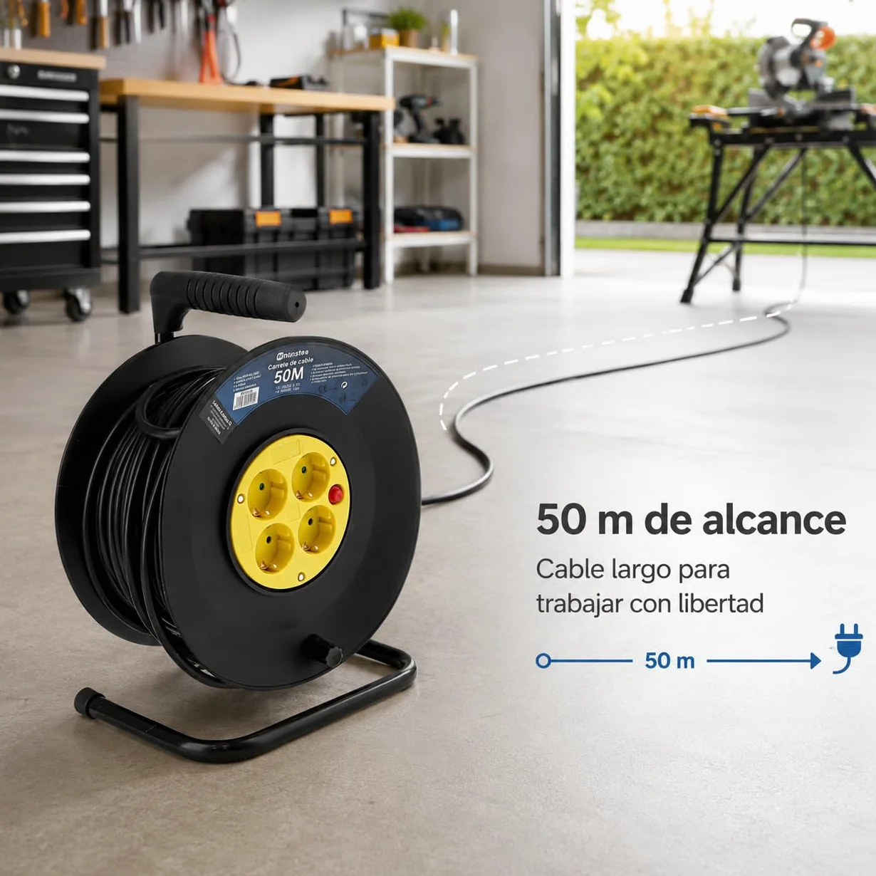 M mimotec - Enrollacables Exterior 50 Metros 4 Tomas 3200W 16A | Cable H05VV-F 3x1,5 mm² | Carrete Eléctrico con Protección Infantil | Alargador para Jardín, Garaje, Taller y Hogar