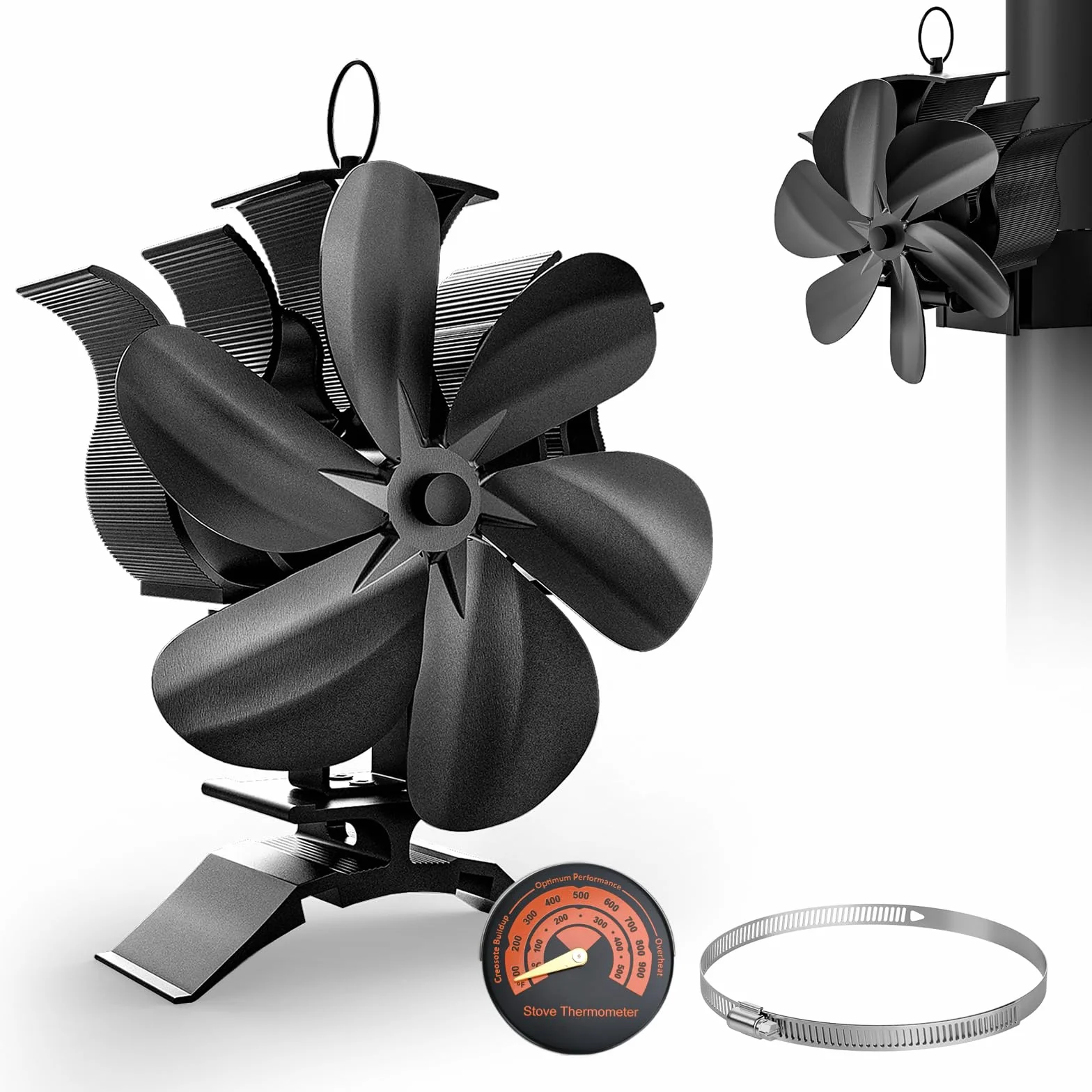 Ventilador estufa leña, Gira Hasta 60 °, Ventilador de Chimenea con Termómetro, Silencioso (sin Electricidad) para Estufas de leña/Pellets/Gas. (Seis piezas)
