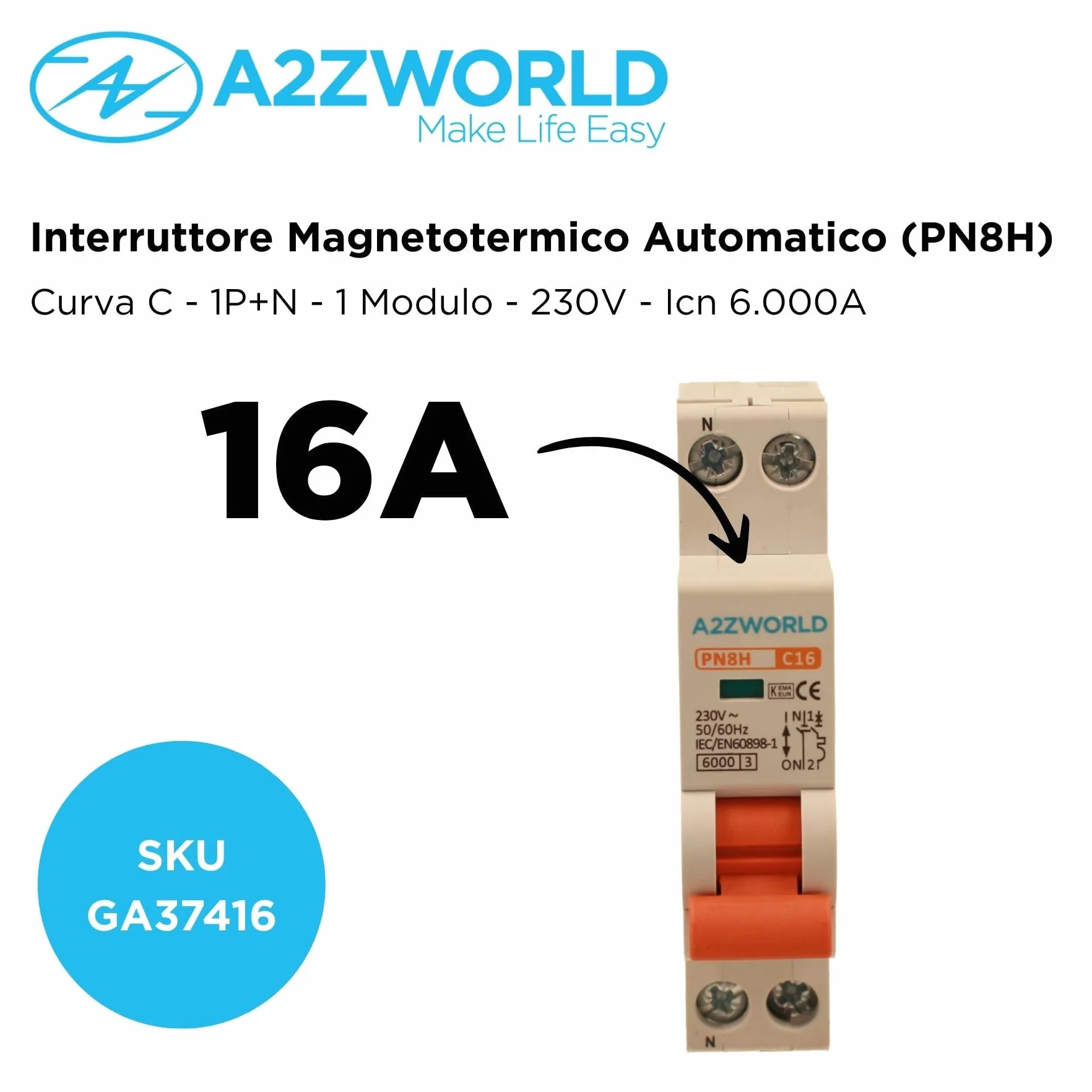 4 interruptores magnetotérmicos compactos 16 A C16, 1P + N 6000 A curva C, Slim Solo 1 módulo DIN 220 V AC