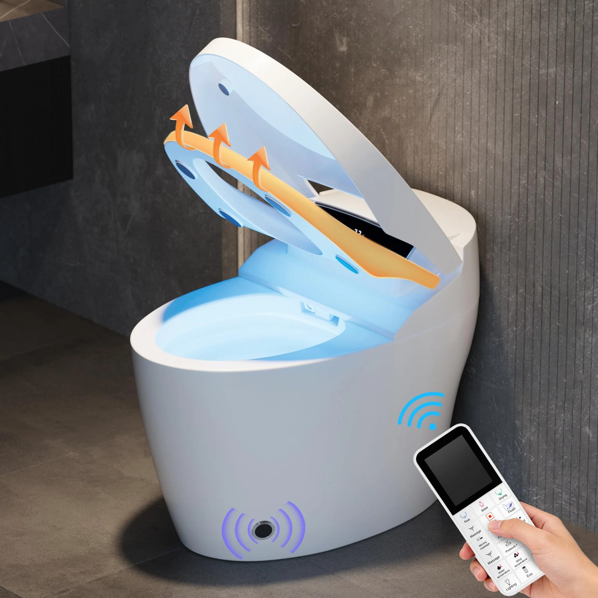 Homary Inodoro Inteligente Japonés Sin depósito con Bidé Integrado Automático, Asiento Calefactable, Luz Nocturna, Estándar Tapa de Accionamiento Manual, Salida al Suelo, J021123088