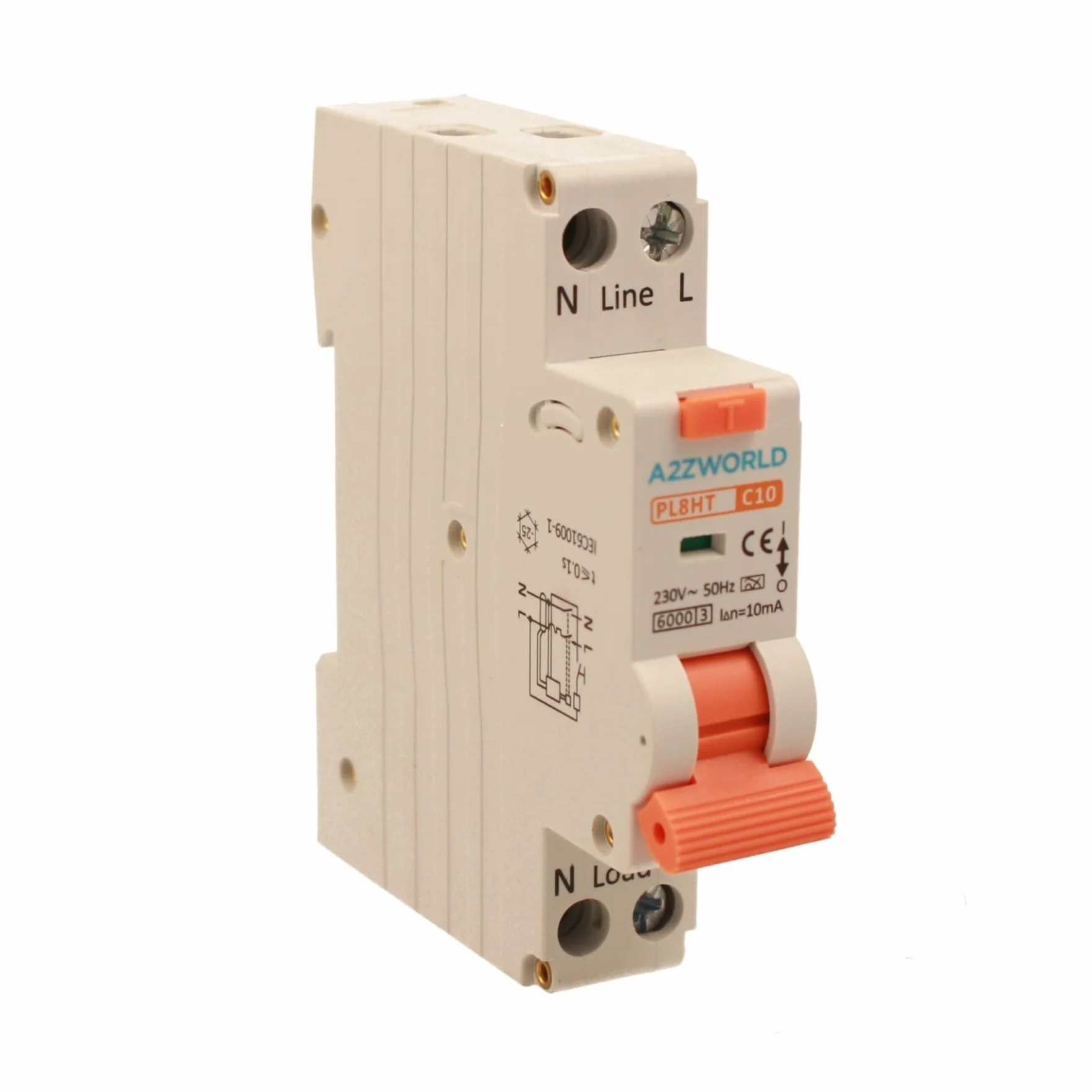 Interruptor diferencial magnetotérmico 10 mA para zonas húmedas, 10 A C10, RCBO tipo A curva C, 1 módulo DIN, 1P+N 6 kA 220 V, serie PL8HT profesional