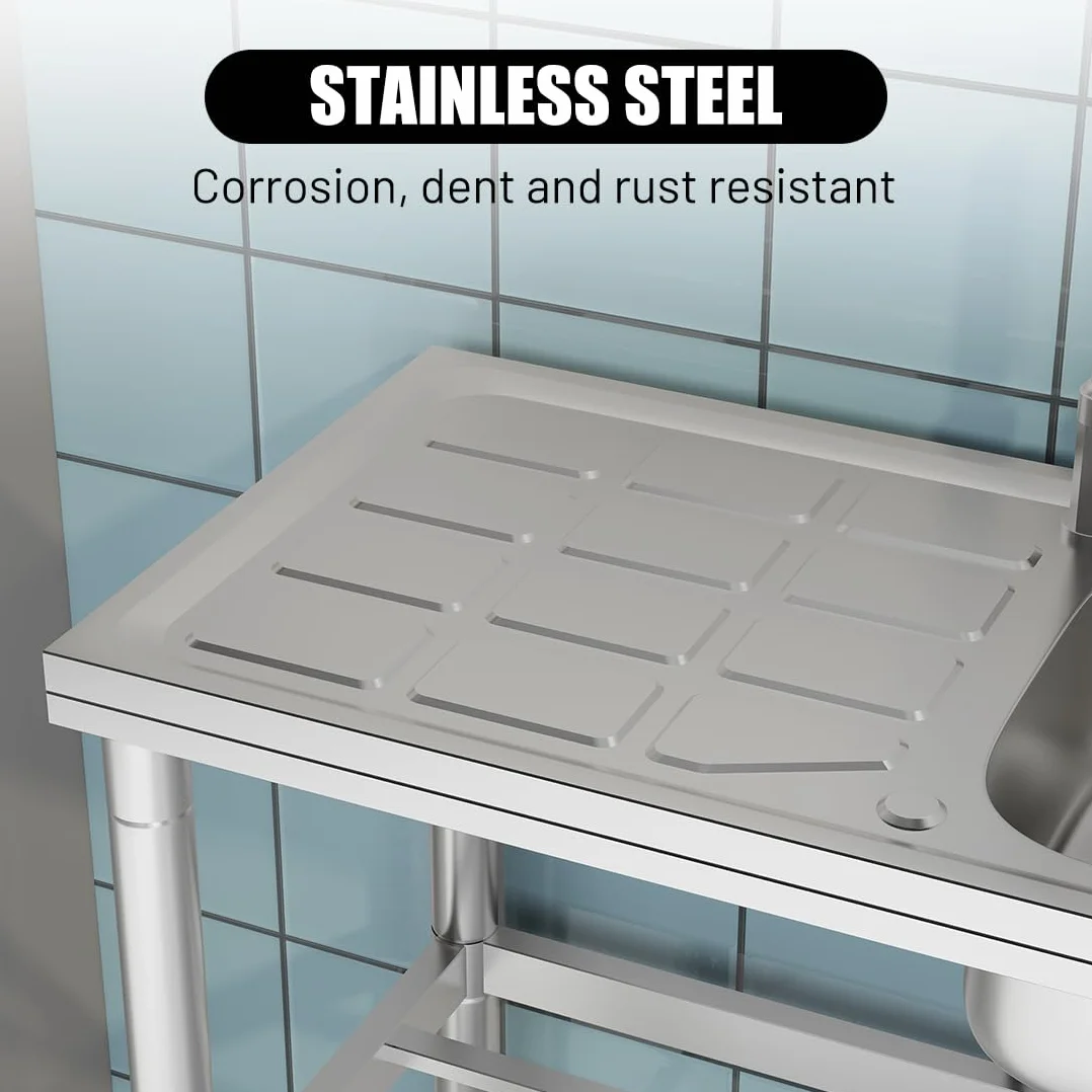 Lavabo independiente de acero inoxidable, lavabo libre con grifo, fregadero de cocina con superficies de apoyo, lavabo multifuncional con tubería de agua, lavabo de uso para lavadero, jardín