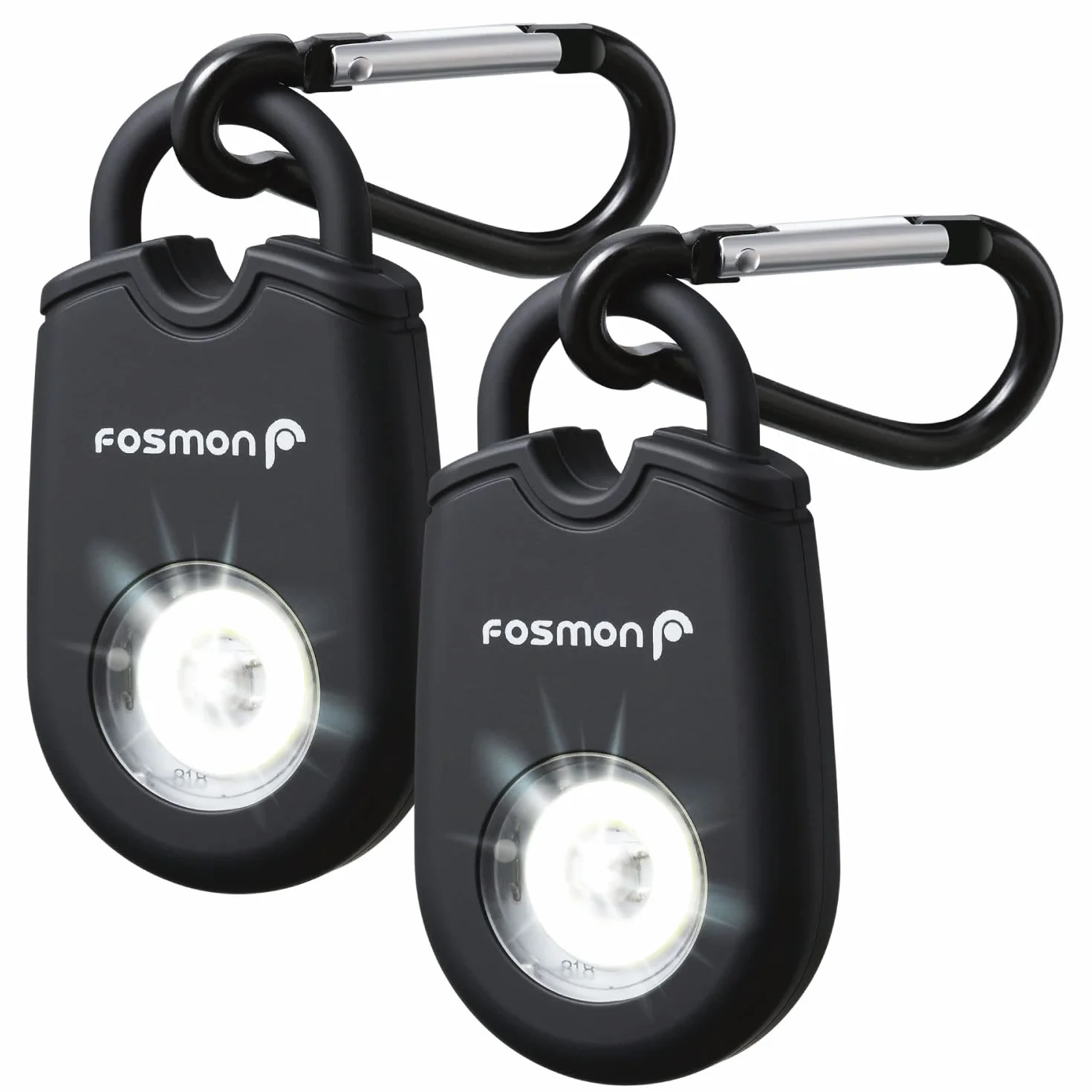 Fosmon - Alarma personal de bolsillo antiagresión | Alarma para Mujer y Hombre | Sirena de 130dB audible hasta 180m | Alarma personal con luz intermitente | Alarma con mosquetón | Paquete de 2 alarmas