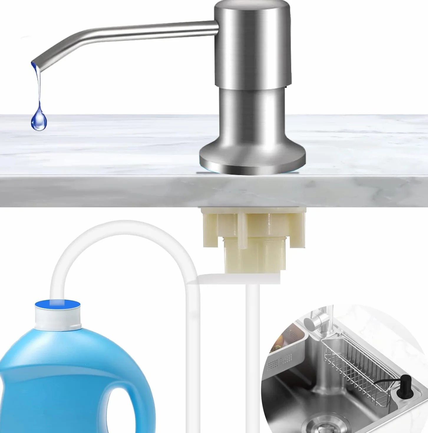 Dispensador de Jabón de Cocina de Acero Inoxidable, Empotrado bajo Encimera, con Tuerca, Plata