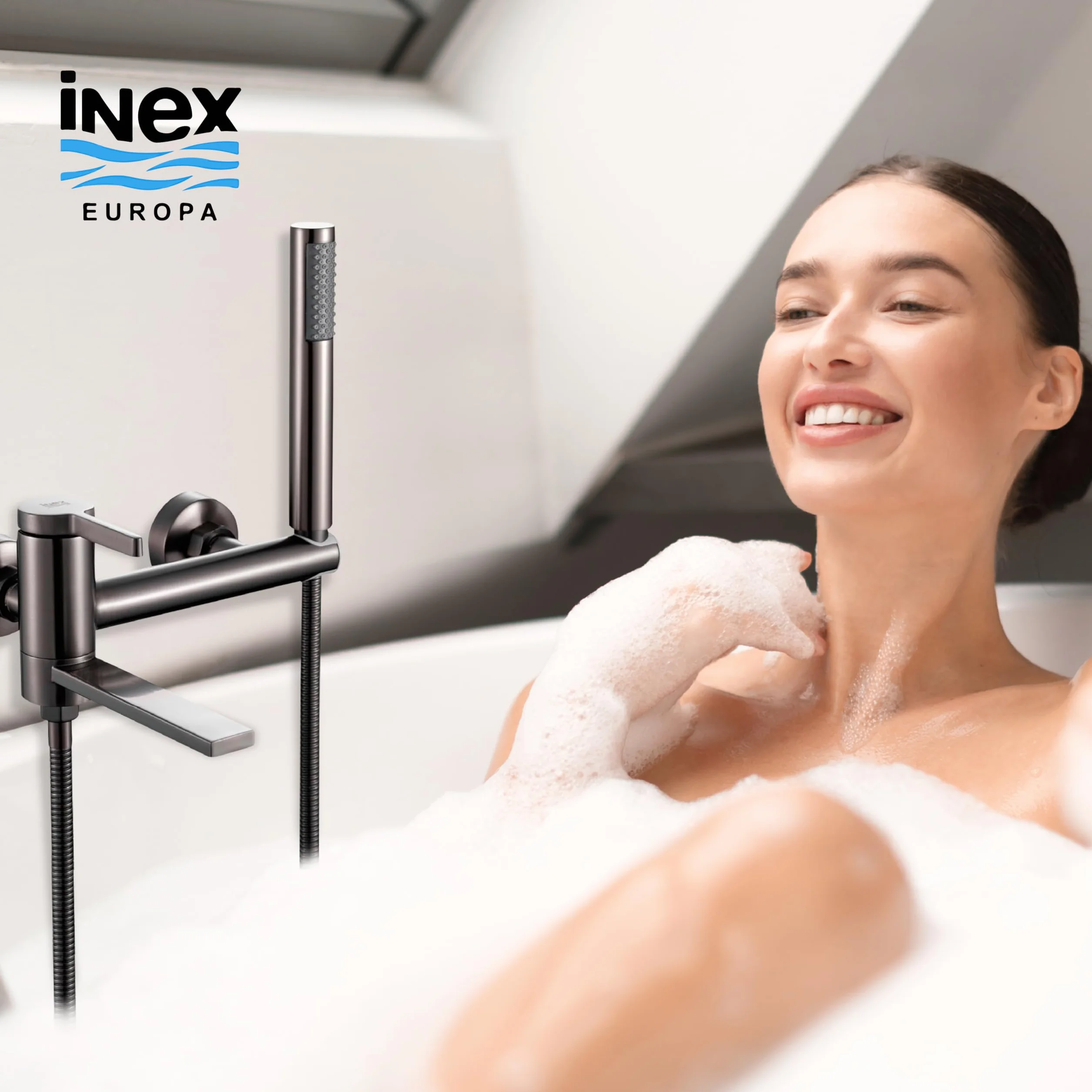 INEX EUROPA Grifo Bañera Ducha Acero Inoxidable Monomando Alta Presión Manguera 175cm Gris