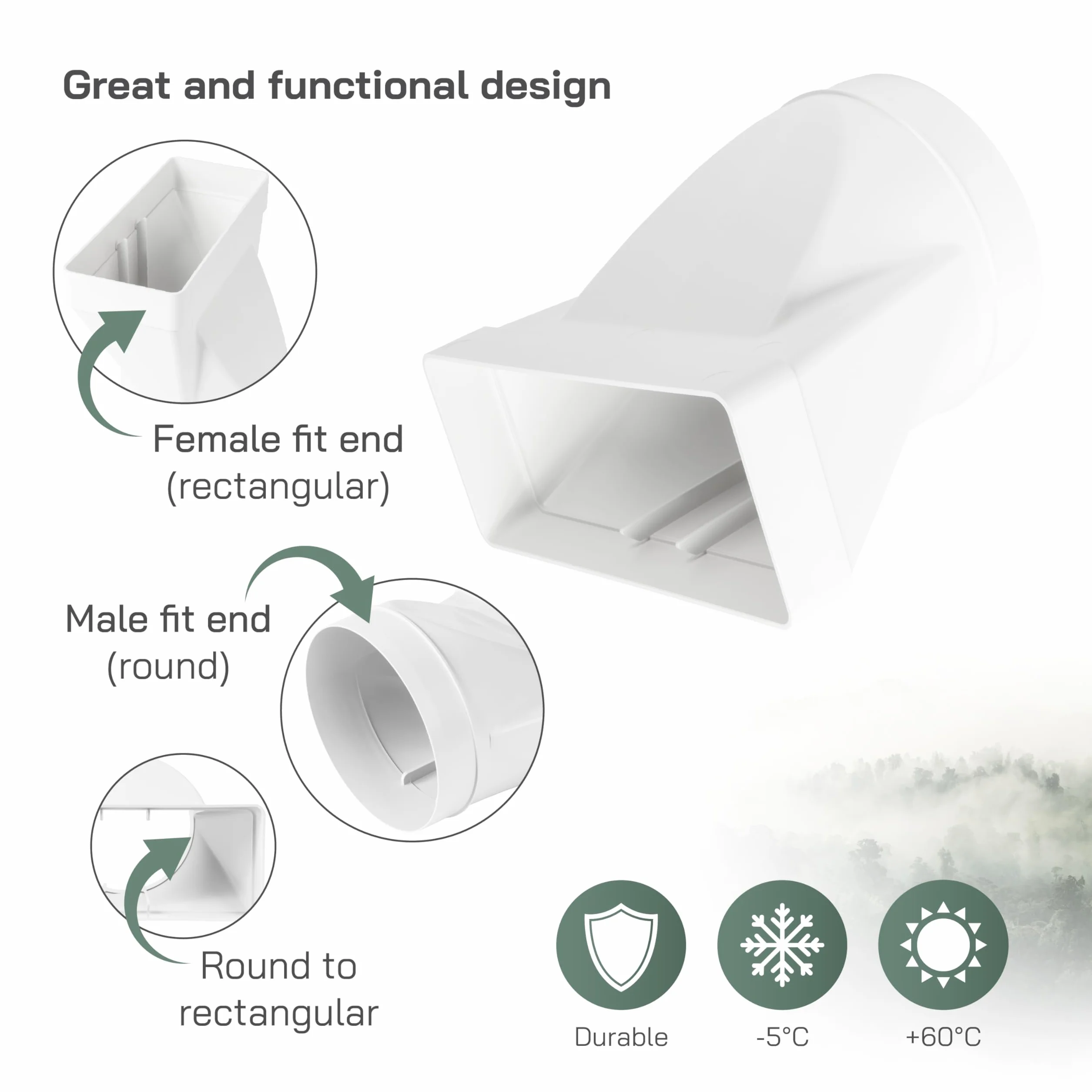 Vent Systems 220x90 mm en el conector de tubería rectangular de Ø150 mm para la conexión del tubo redondo. Sistema de ventilación, calefacción, enfriamiento - No apto para equipos de AC.
