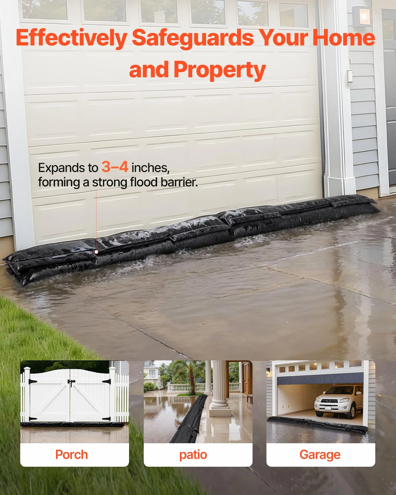 VEVOR Barrera Antiinundaciones 5 Piezas Bolsas contra Inundaciones 306x15,5 cm Dispositivo de Protección contra Inundaciones con Cubo de Plástico, Activado por Agua, para Puerta Garaje Entrada Sótanos