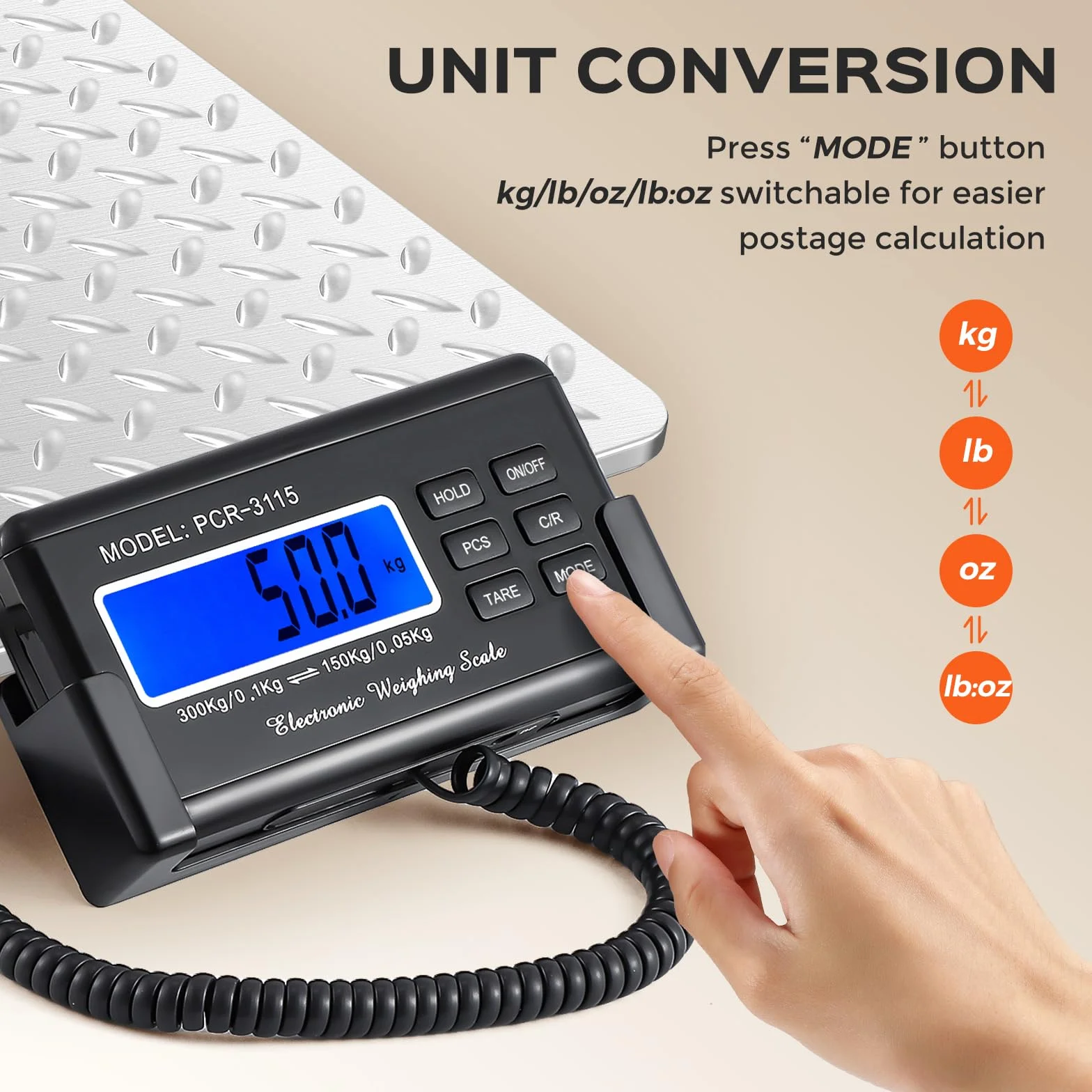 Bonvoisin Báscula para Paquetería 300kg/660lb, Pantalla LCD, Plataforma Acero Inoxidable, Doble Rango Precisión 0,1kg/0,05kg, Conmutable kg/oz/lb, Función Conteo