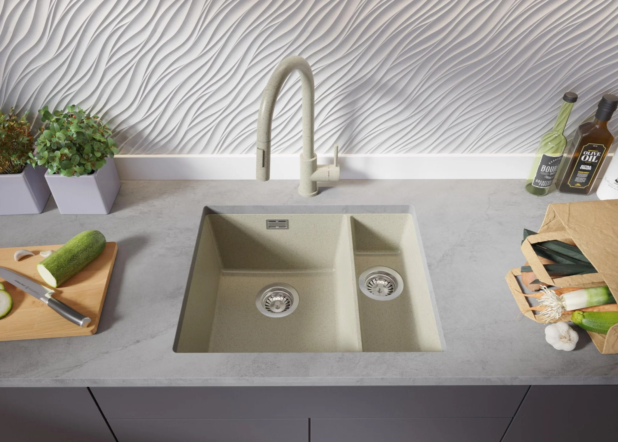Fregadero bajo Encimera Beige 56x47cm, Fregadero Cocina 1,5 Senos + Sifón, Granito al mueble 60cm - London Duo de Primagran