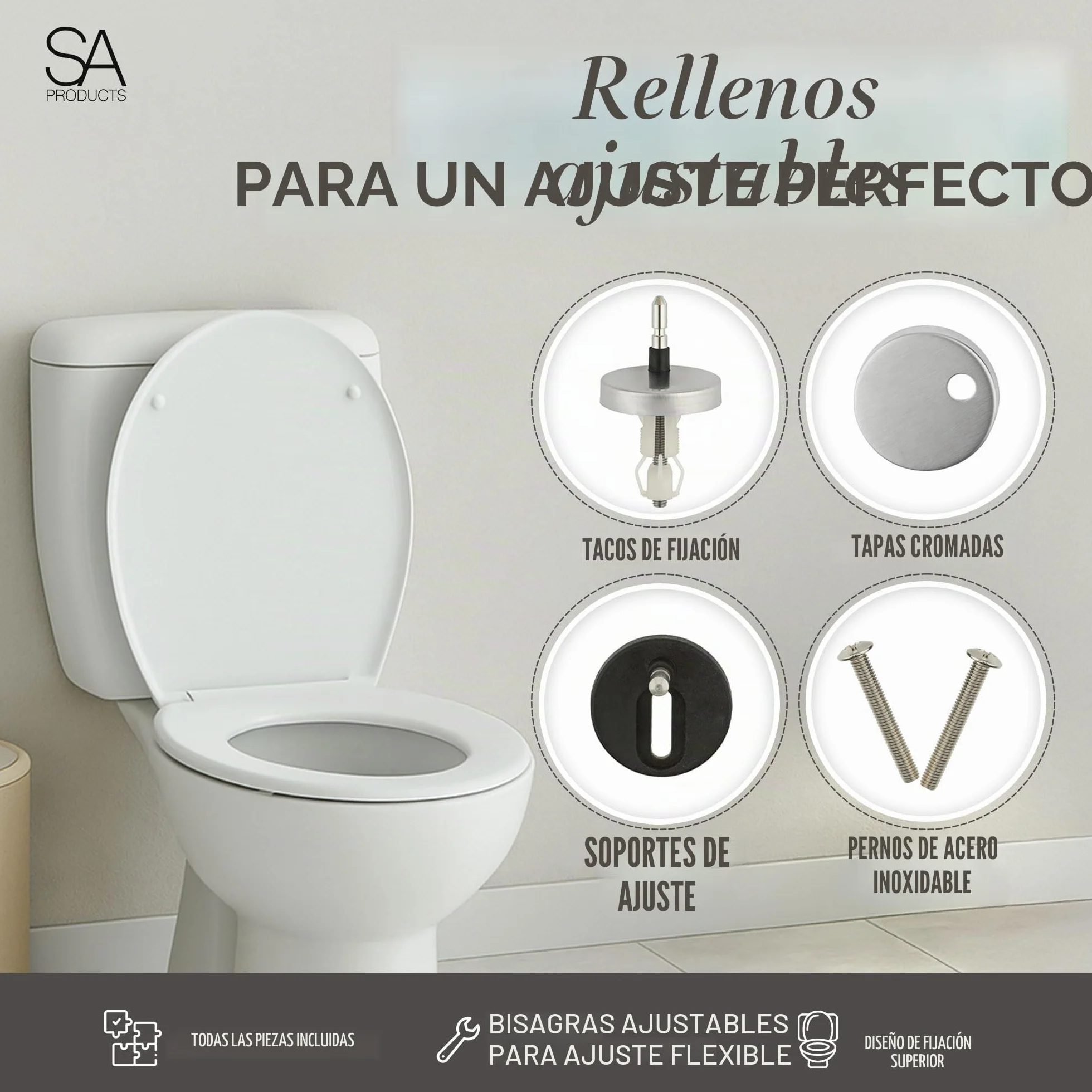SA Products Tapa WC Universal Ovalada con Cierre Suave y Liberación Rápida, Asiento de Inodoro de Termoestable con Bisagras ABS y Tornillos, 44,1 x 36,5 x 5 cm, Blanco, Fácil Limpieza e Higiene
