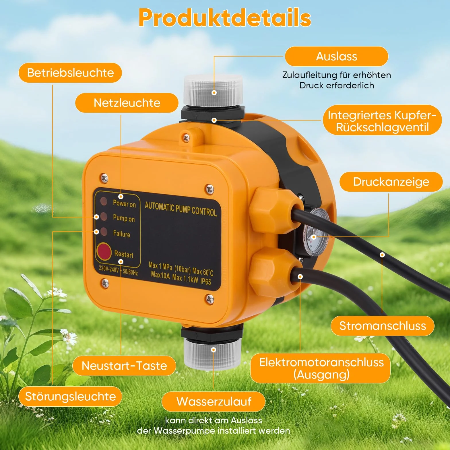 Presostato Para Bomba De Agua, Monitor Electrónico De Presión Para Bombas De Agua Máx. 10 Bar 220-240 V Con Enchufe Resistente Al Agua IP54 Monitor De Caudal Para Bomba De Jardín