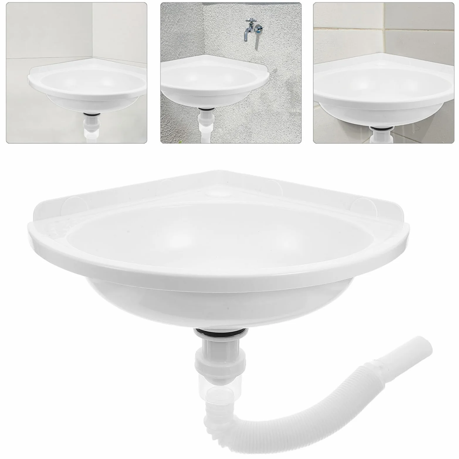 Veemoon Lavabo Pequeño de Esquina Montado Pared Blanco, de Plástico y Acero Inoxidable, Diseño Triangular Moderno para Optimizar Espacios en Baños Pequeños