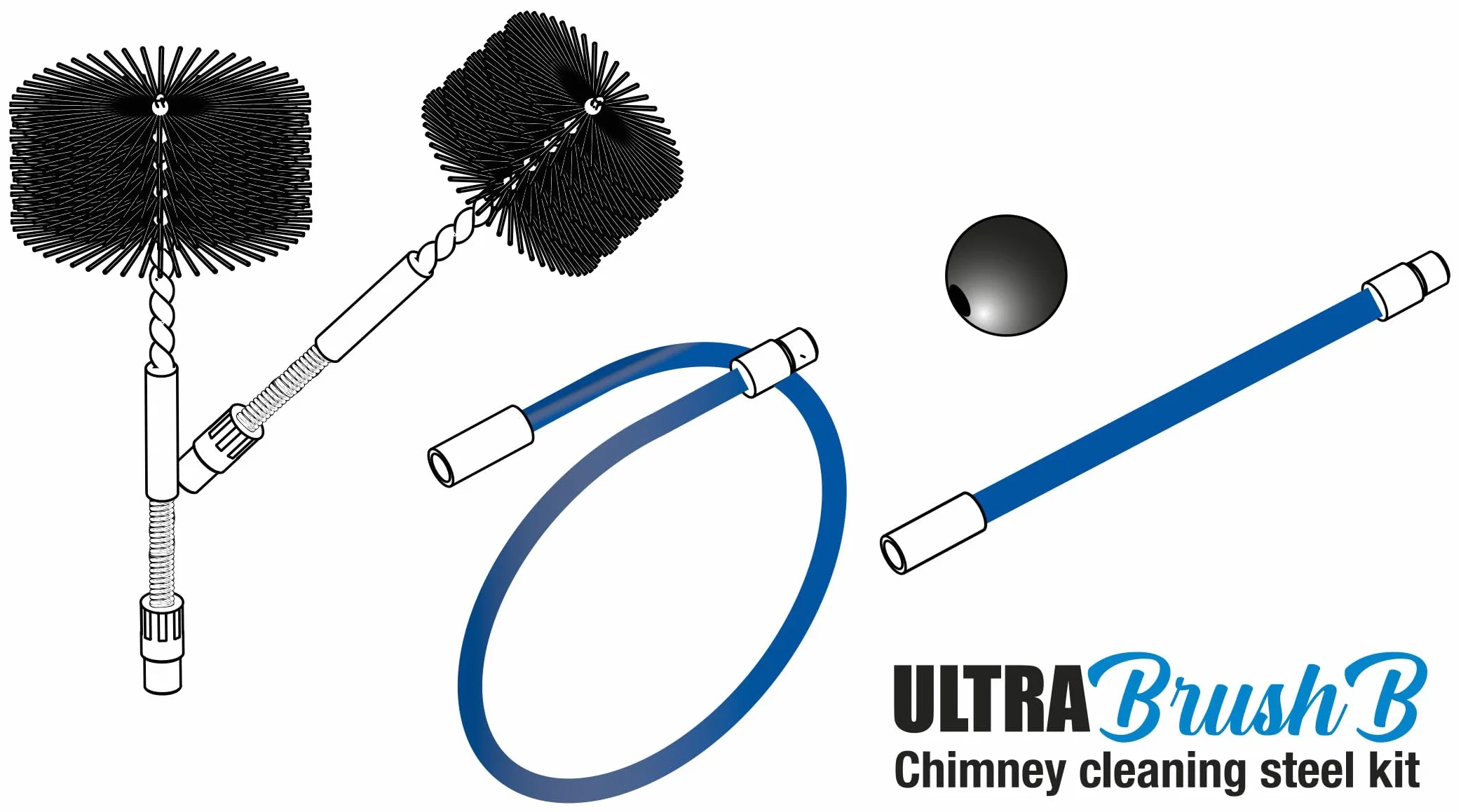 ULTRABRUSH B | Kit limpieza chimenea estufa de pellet. 2 escobillas deshollinador flexible. Compatible con todo tipo de chimeneas. Alambre de acero revestido ultra robusto y deslizante. (6 metros)