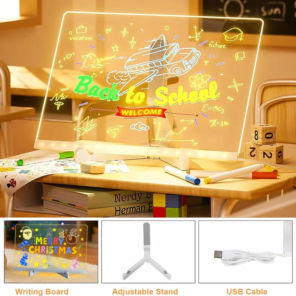Pizarra LED Transparente Tablero de Mensajes Doodle Glow 7 Colores Bolígrafo Soporte Ajustable