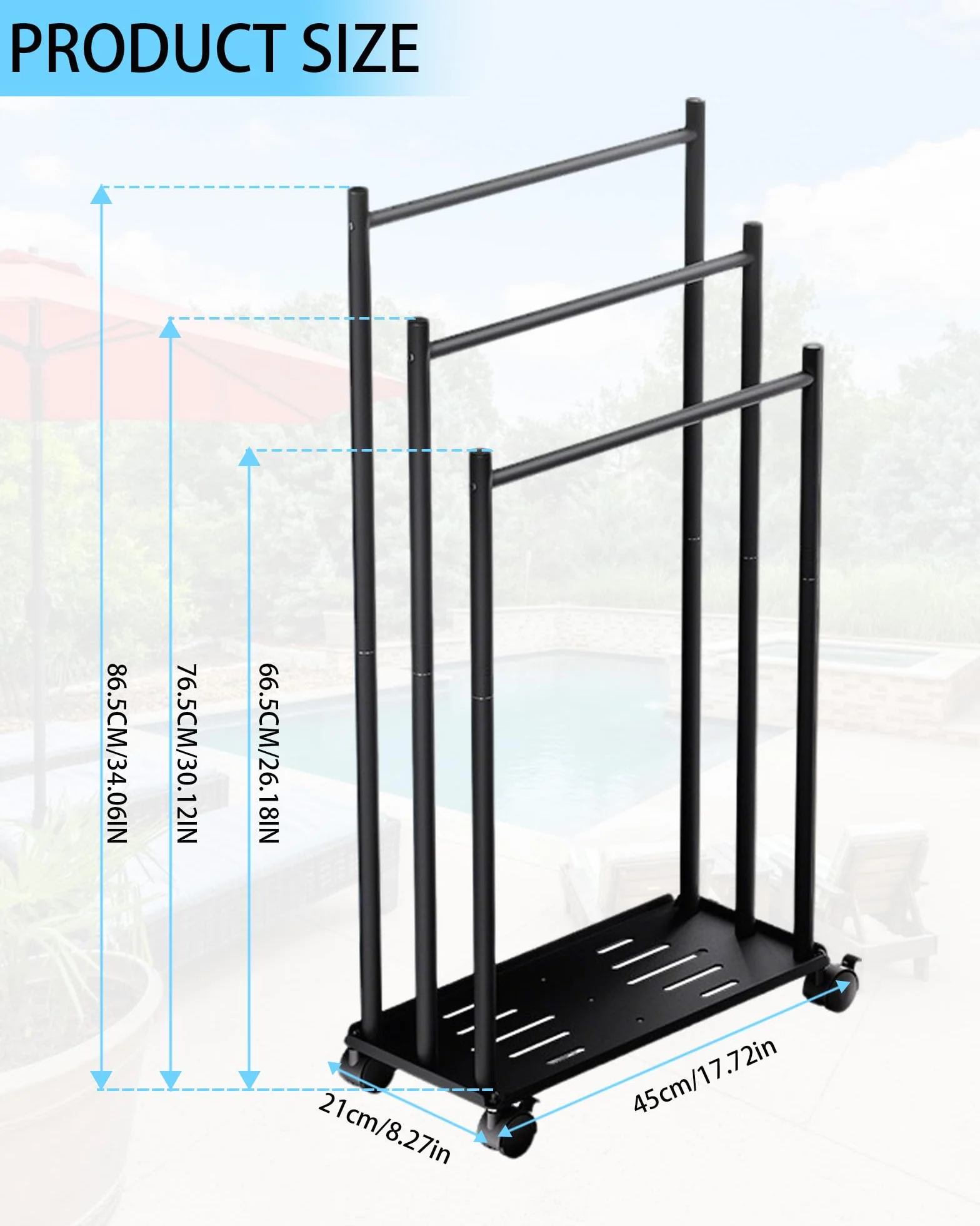 Toallero de Pie de 3 Niveles, Toallero Escalera con Estante y Ruedas, Ahorra Espacio, Material Metálico, Toallero de Piscina para Exteriores, para Baños, Salón, Negro