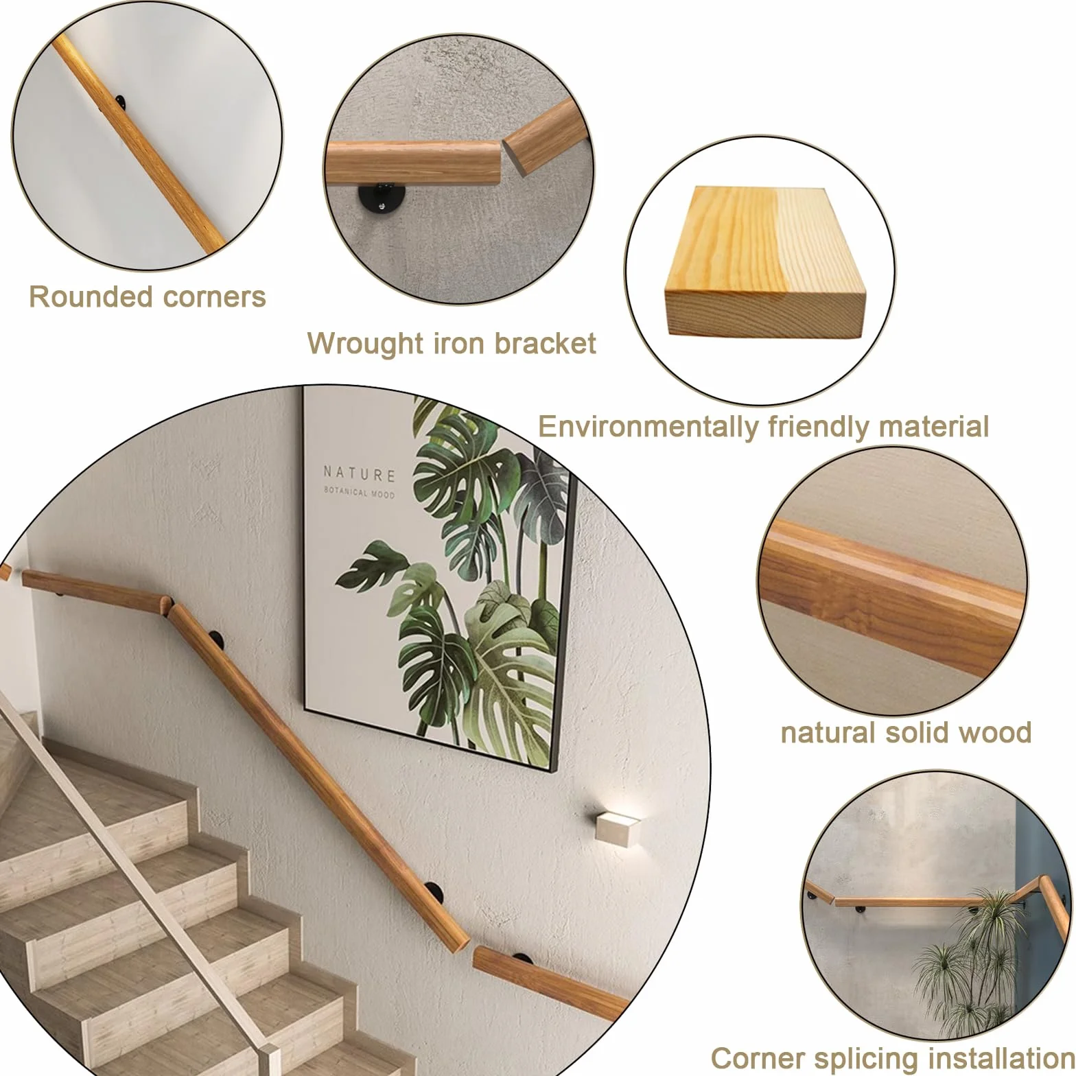 Pasamanos De Madera Redondo, Barandilla De Escalera Interiores, Antideslizante Barra De Soporte para Pasillo con Kit Completo, De 50-400 cm, Con 2 Soportes Para Ancianos (madera, 180cm)