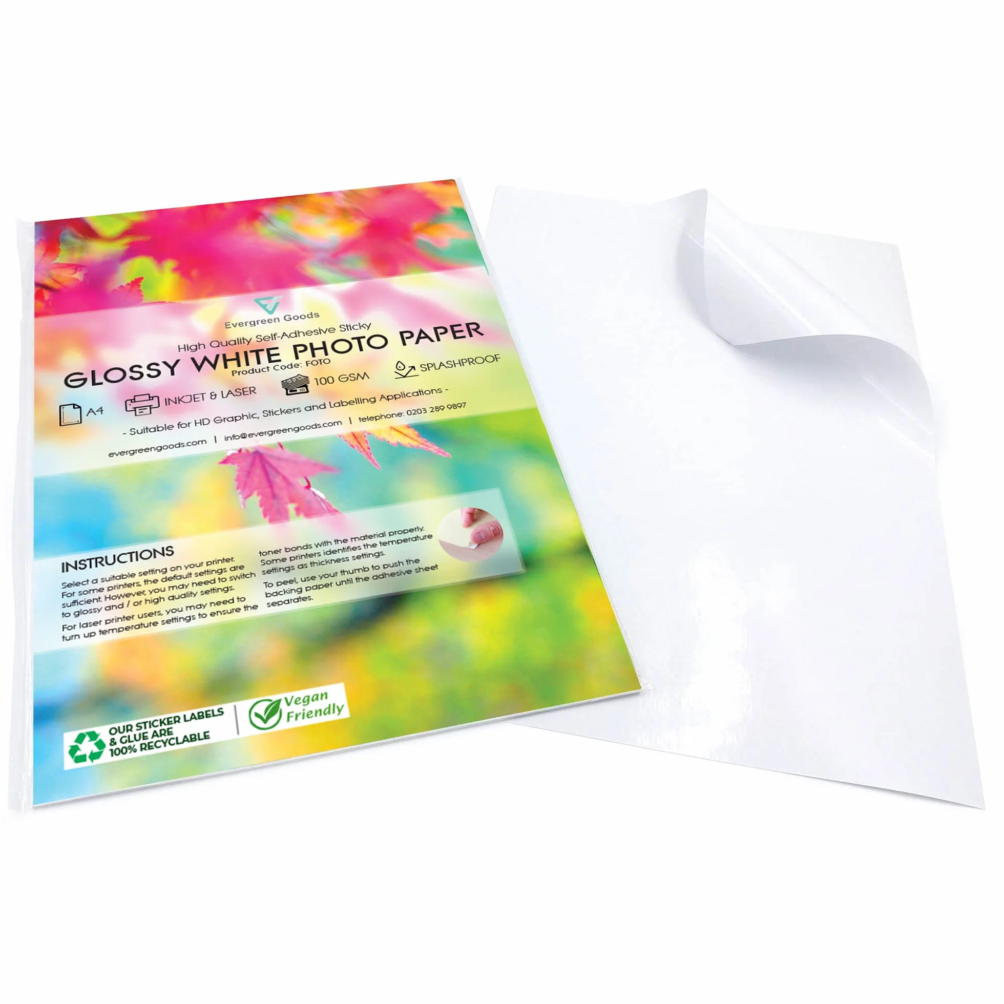 Papel Fotografico A4 Blanco Brillante 50 Hojas Adhesivo para Impresoras de Inyeccion y Laser