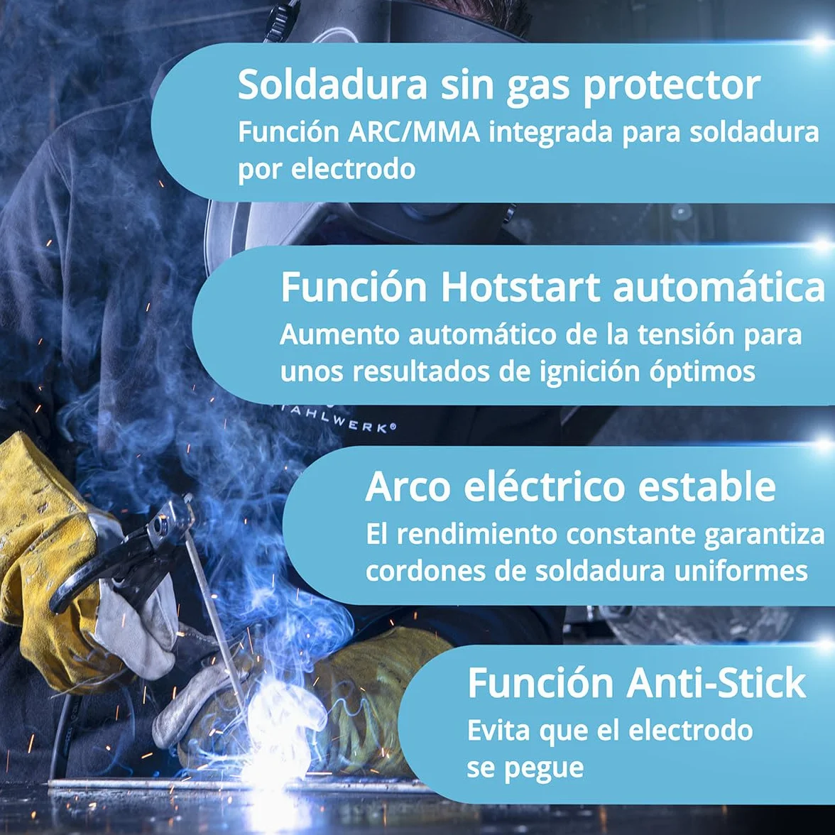 STAHLWERK Soldadora FLUX 140 ST Digital – Soldadura con hilo hueco sin gas protector hasta 140 A, compacta, avance de hilo sinérgico, luz LED integrada, función Lift-TIG & MMA (Electrodo/ARC), IGBT
