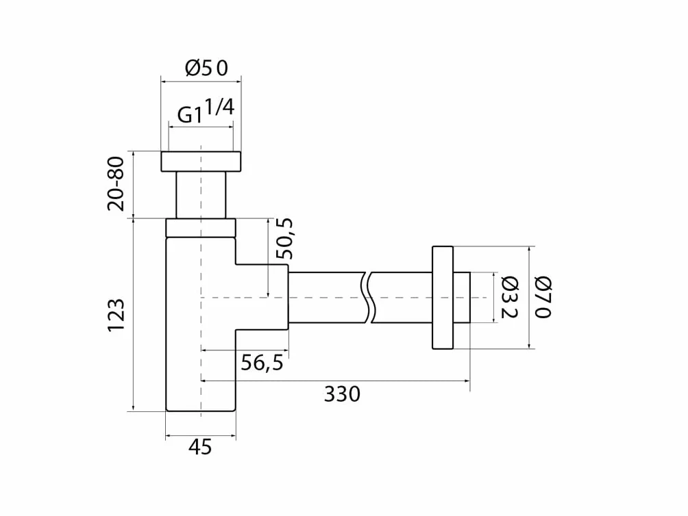 GME Sifón Botella Lavabo G1 1/4" Ø32 mm | Salida 330 mm | Diseño Decorativo Metálico | Acabado Níquel | Instalación Universal