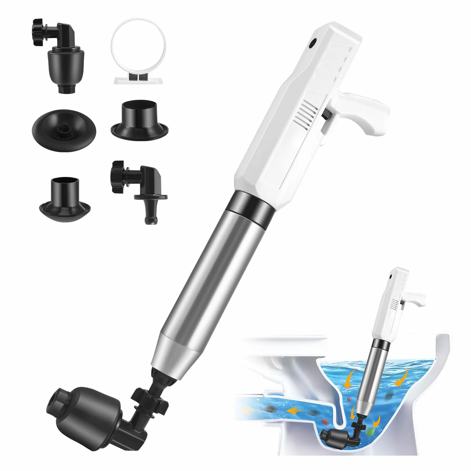Desatascador de Tuberías con Aire Comprimido, Eléctrico desatascador WC, Desatascador de Inodoro con Barómetro, 4 Cabezas de Pistón e Inflador para Inodoro, Lavabo, baños y cocinas