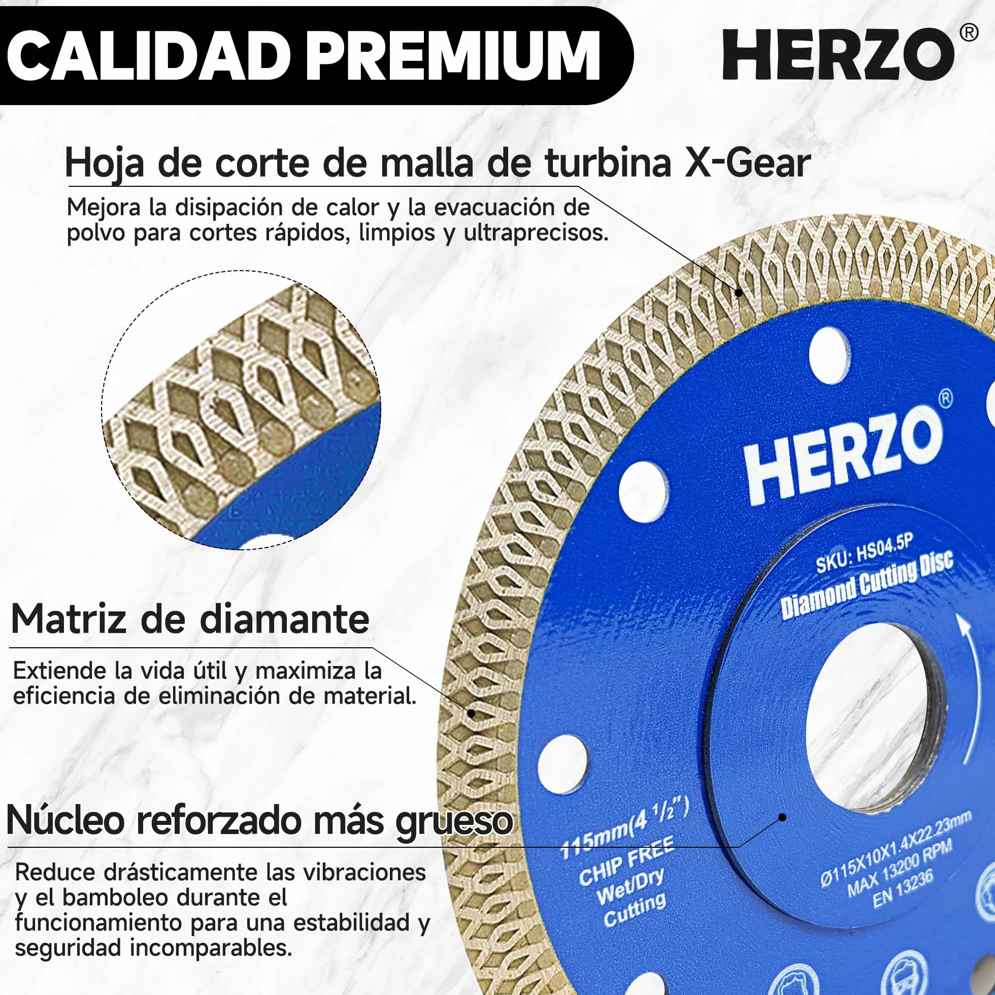 HERZO Discos de Diamante 115 mm x 22,23 mm para Azulejos - Disco de Diamante 115 mm para Azulejos, Gres Porcelánico, Porcelana y Cerámica