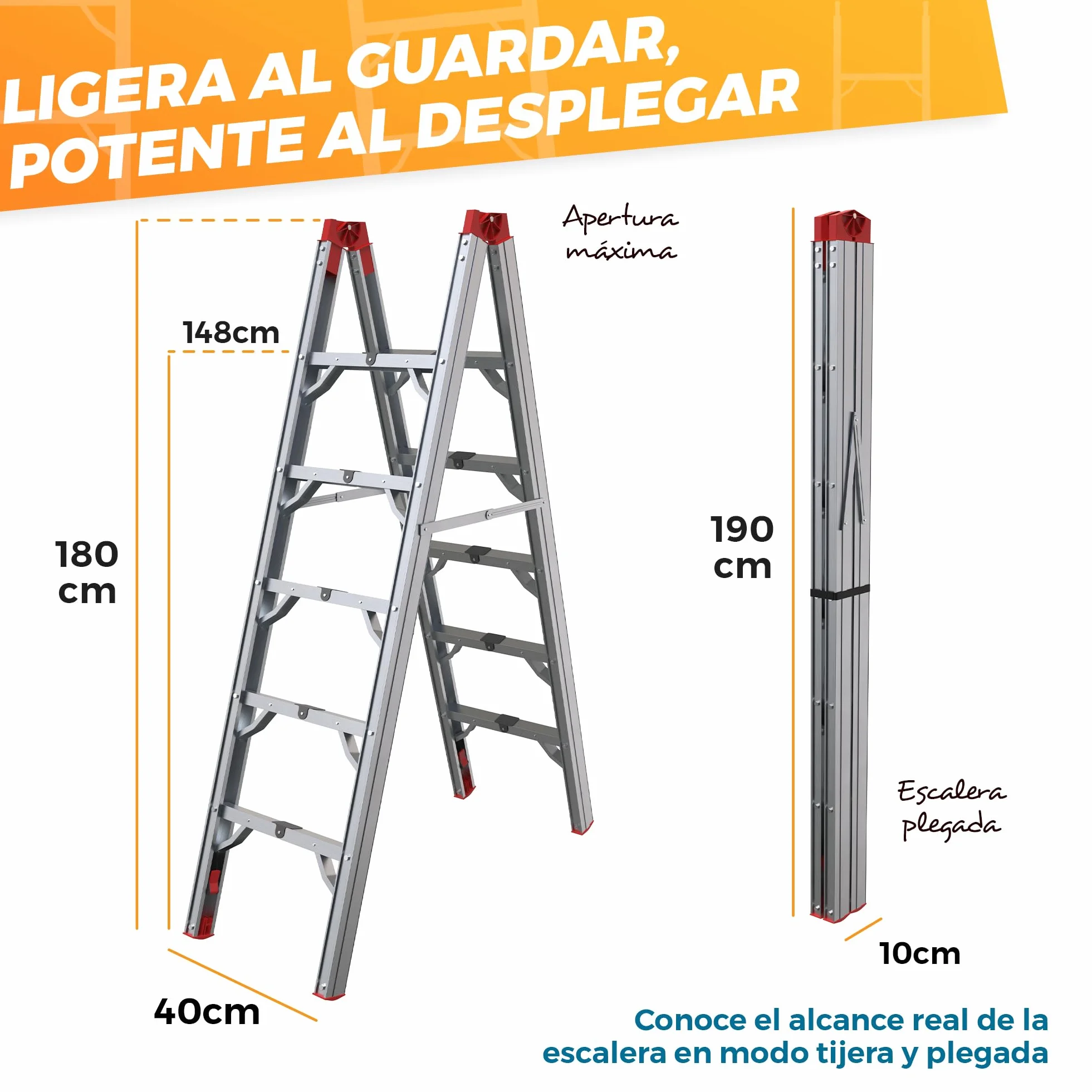 Escalera Plegable de Aluminio 5 Peldaños - Escaleras Plegables Aluminio 180 cm - Segura y Antideslizante para Hogar, Taller y Construcción - Plegado Compacto y Rápido para Espacios Reducidos