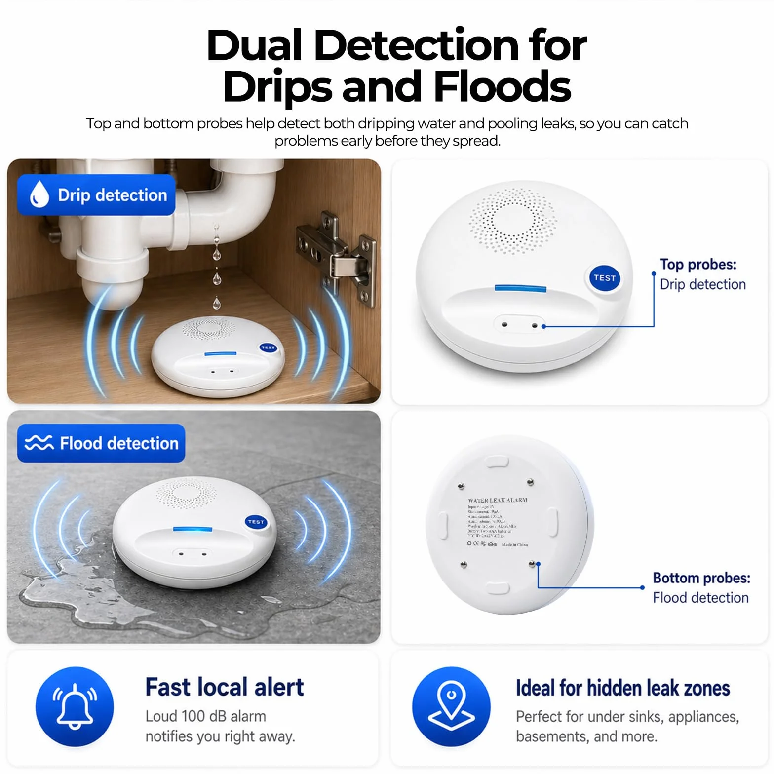 Detector de Fugas de Agua Inalámbrico Doble Sonda IP67 100dB Alarma Smart Hub