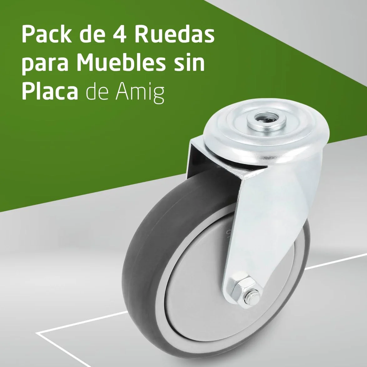 Amig- Pack de 4 Ruedas para Muebles - Con Agujero- Ø100 mm - Carga Máxima por rueda 110 kg- Pletina de Acero- Fabricada con Goma- Sin Freno- Ideales para Mover Equipos Industriales y Muebles Pesados
