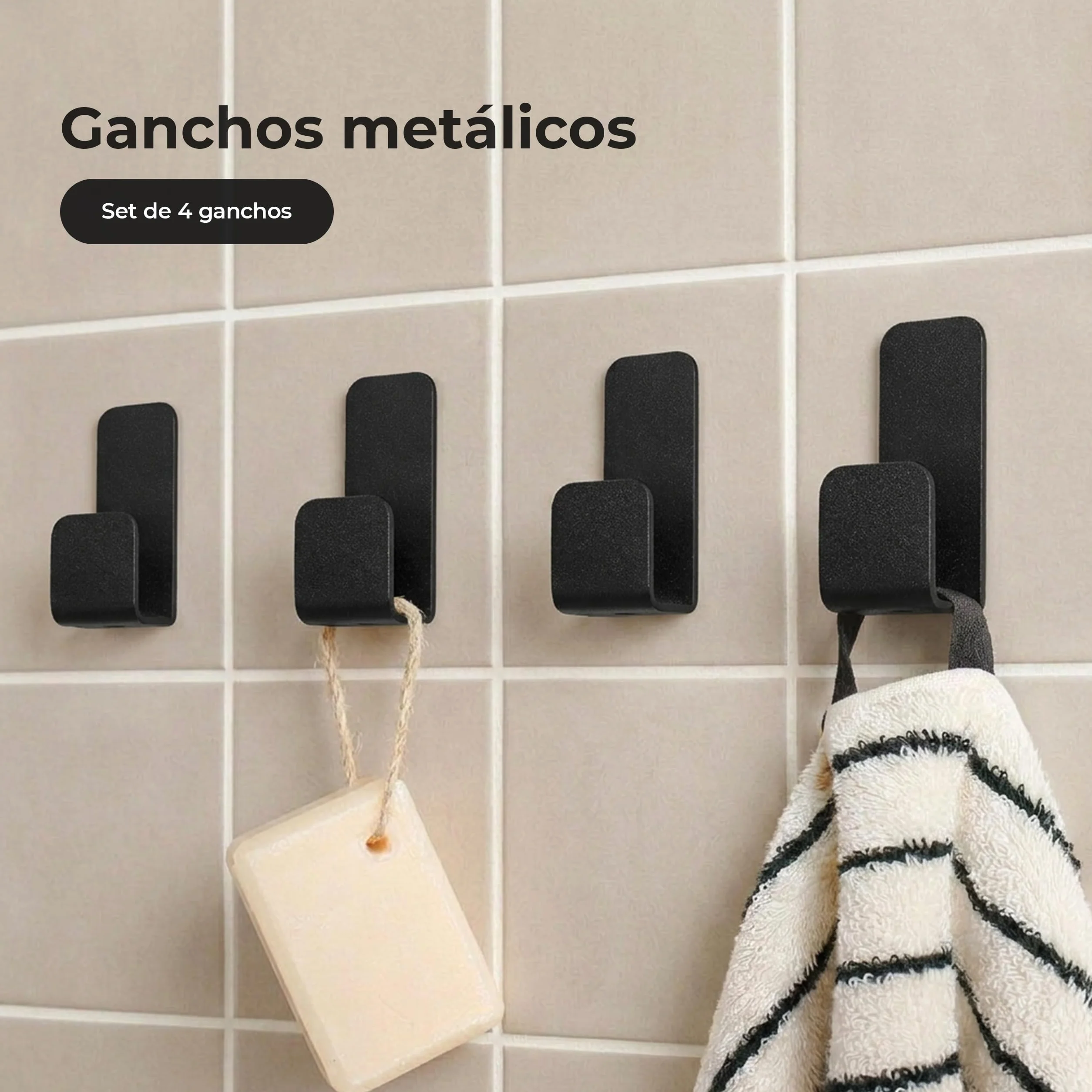 Pack 4 Ganchos Adhesivos para Pared | Colgadores Adhesivos Resistentes | Colgador Toalla Baño sin Taladro | Percha Baño, Dormitorio y Cocina | Negro Mate