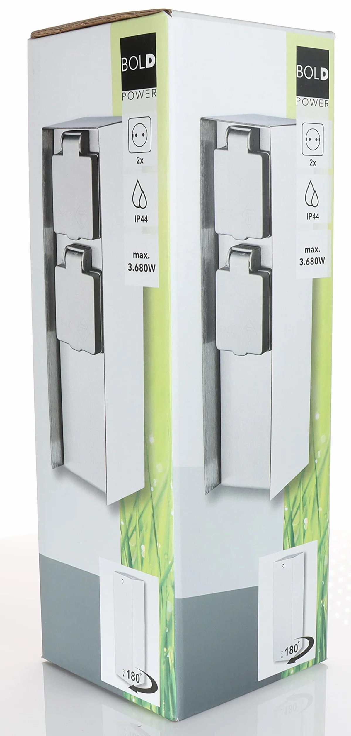 BOLD Orio 19004 Toma de Corriente de Exterior para jardín (Columna de Toma de Corriente) con Clavija de 2 Posiciones en Acero Inoxidable (IP44EnergyPillar | hasta 3680Watt | Angular | 23x7x7cm)