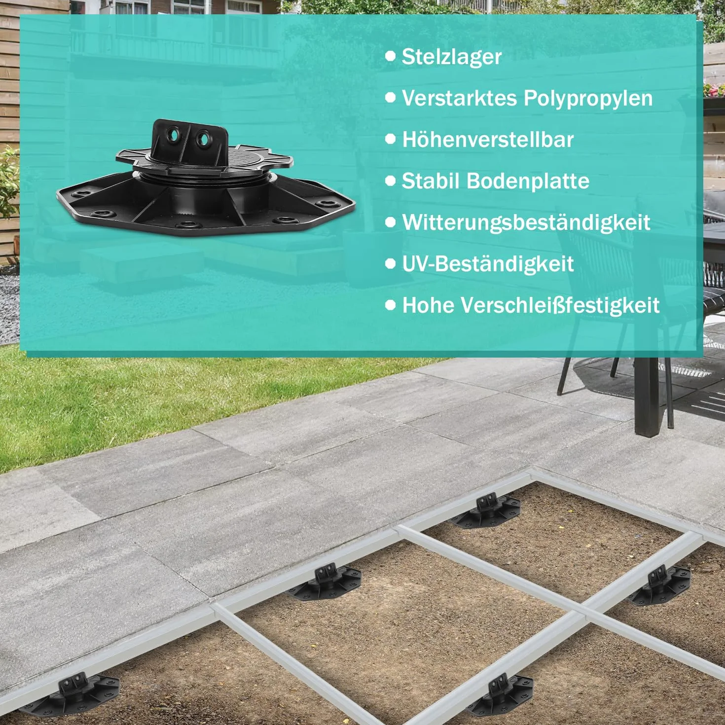 100 rodamientos de altura ajustable, 18-30 mm, rodamientos de terraza con pies ajustables, placas para subestructura de terraza, WPC, capacidad de carga de 600 kg