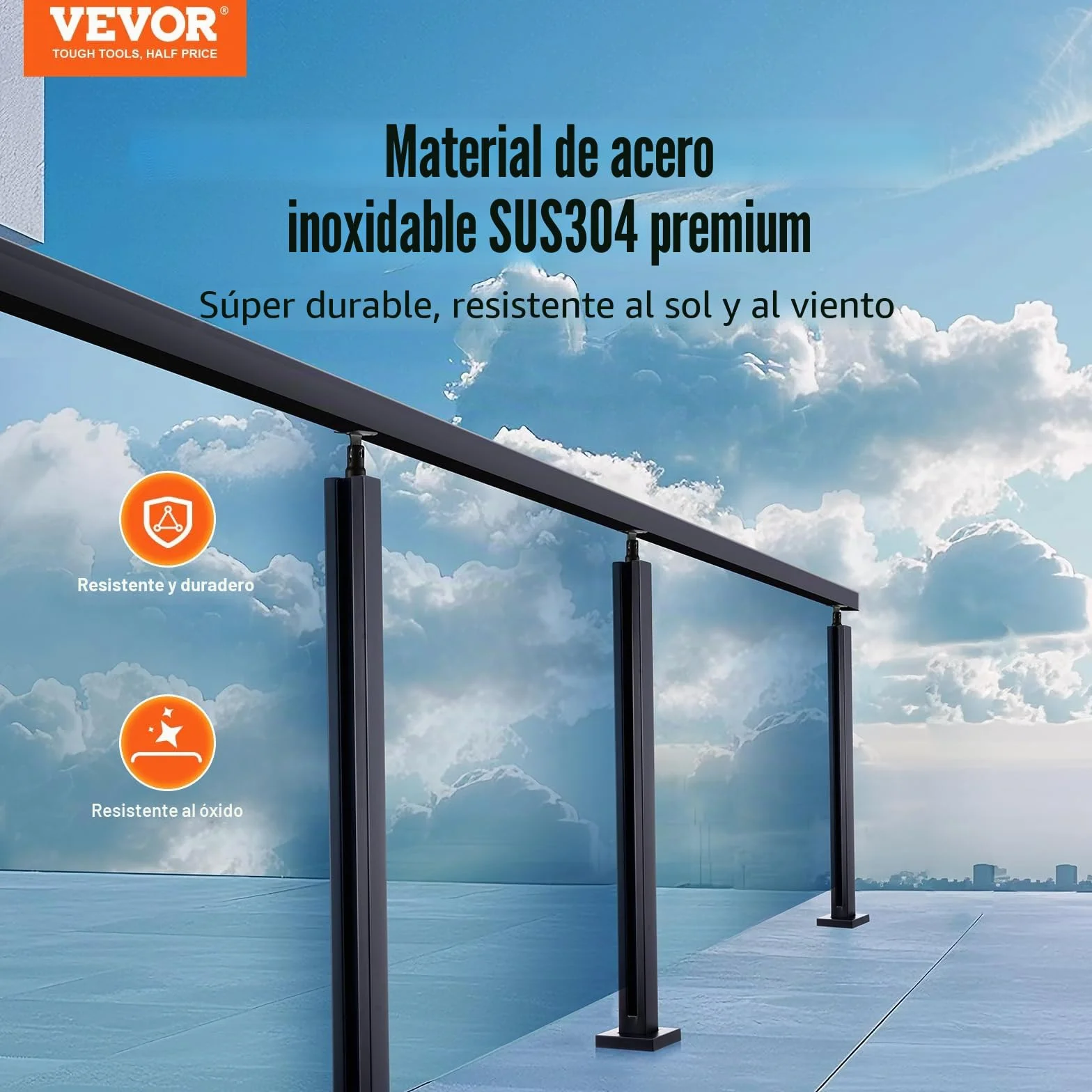 VEVOR Abrazadera de Vidrio, Soporte de Barandilla de Vidrio de 910 x 105 x 105 mm para Vidrio Templado de 10-12 mm de Espesor, Acero Inoxidable 304, para Balcón, Jardín, Cubierta, Escalera, Negro