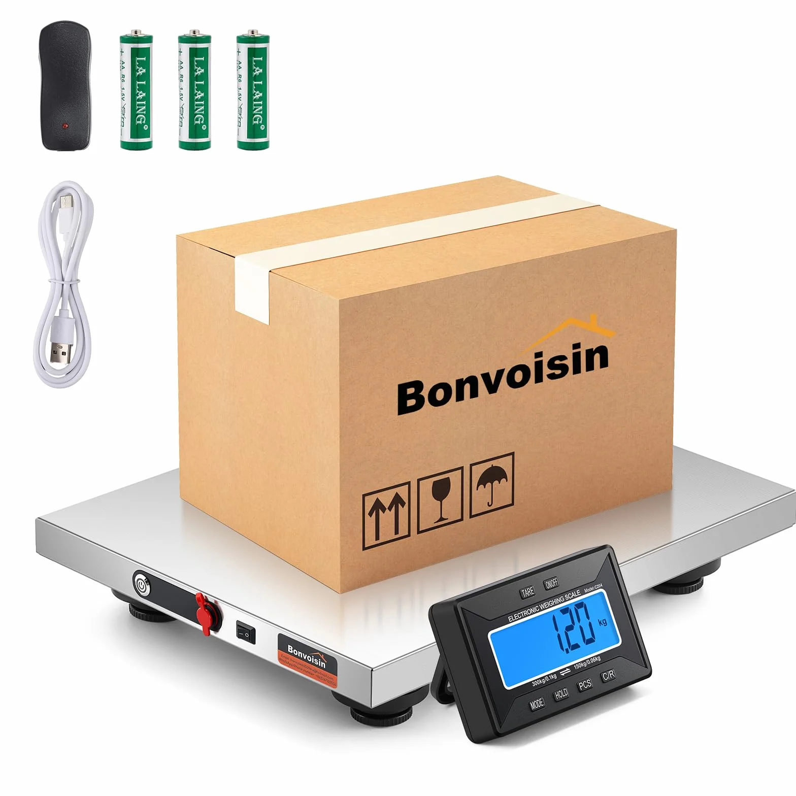 Bonvoisin Báscula para Paquetería Inalámbrica 300kg/660lb, Alcance 10m, Pantalla LCD Separada, Precisión 0,1kg/0,05kg