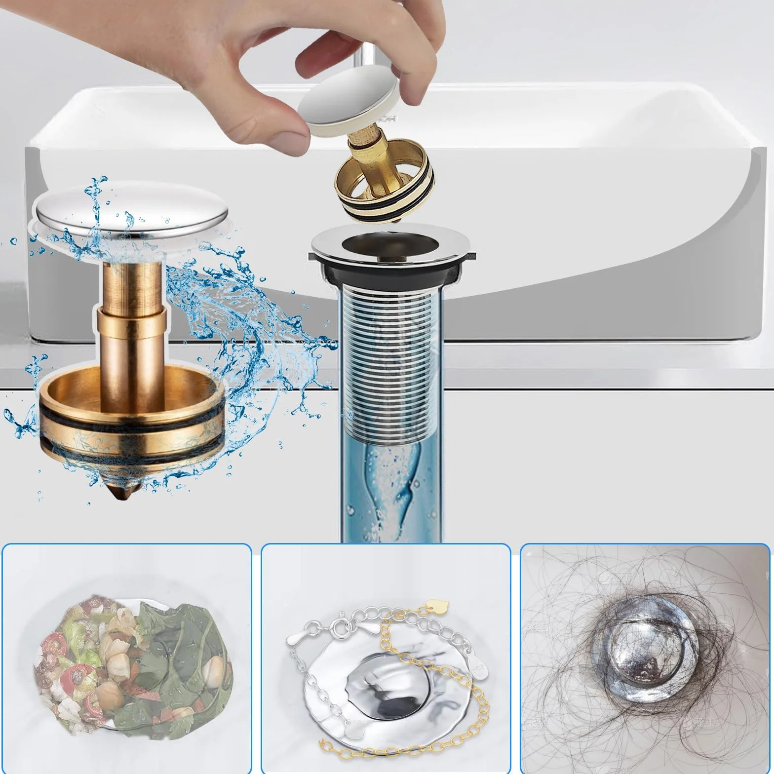 Sifón Lavabo Flexible Kit, Desague Lavabo con Tubo Fregadero y Filtro Emergente, Blanco